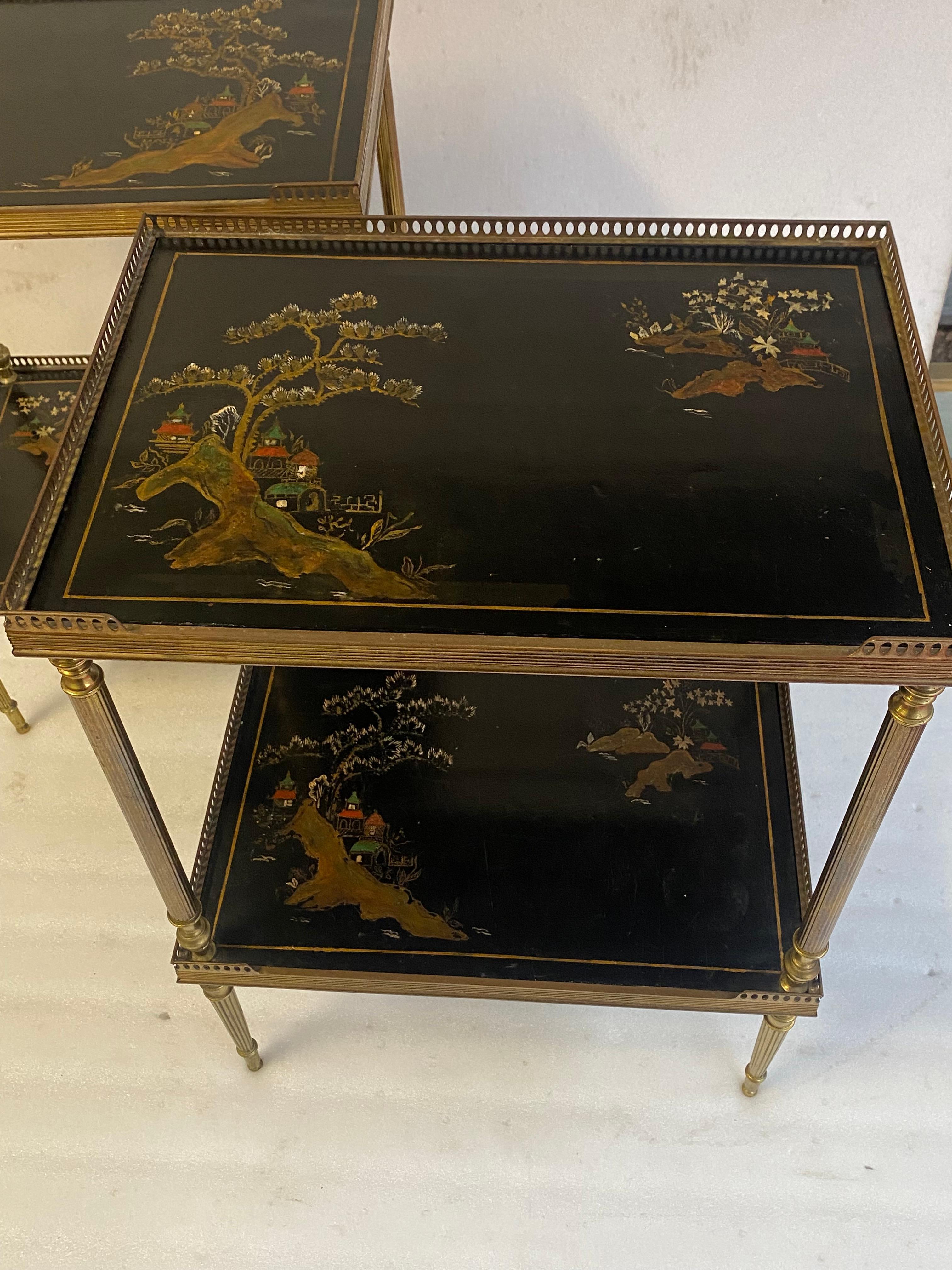 1970′ Pair of Rectangular Bronze Side Tables Maison Jansen Chinese Lacquer Trays For Sale 8
