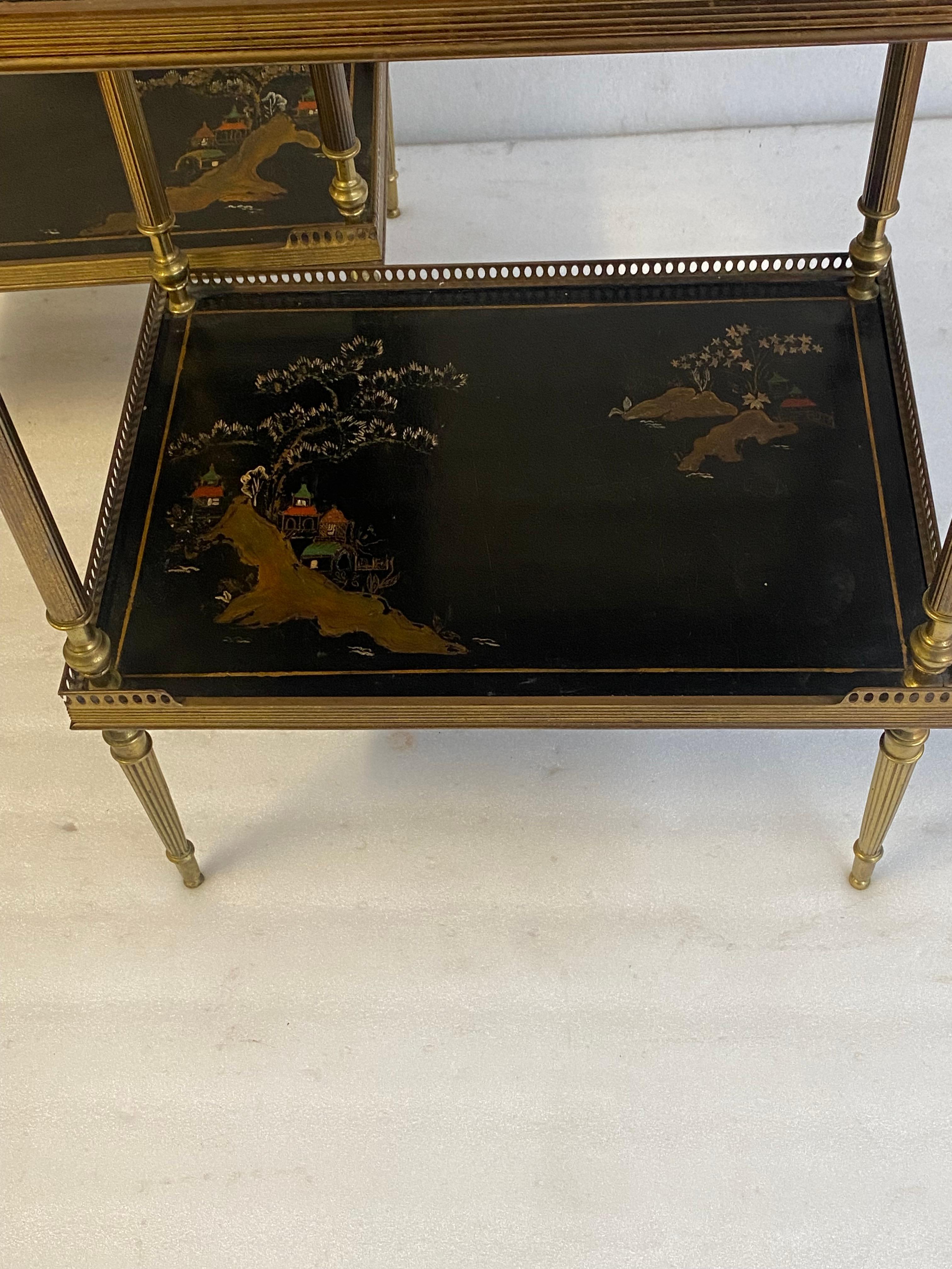 1970′ Pair of Rectangular Bronze Side Tables Maison Jansen Chinese Lacquer Trays For Sale 9