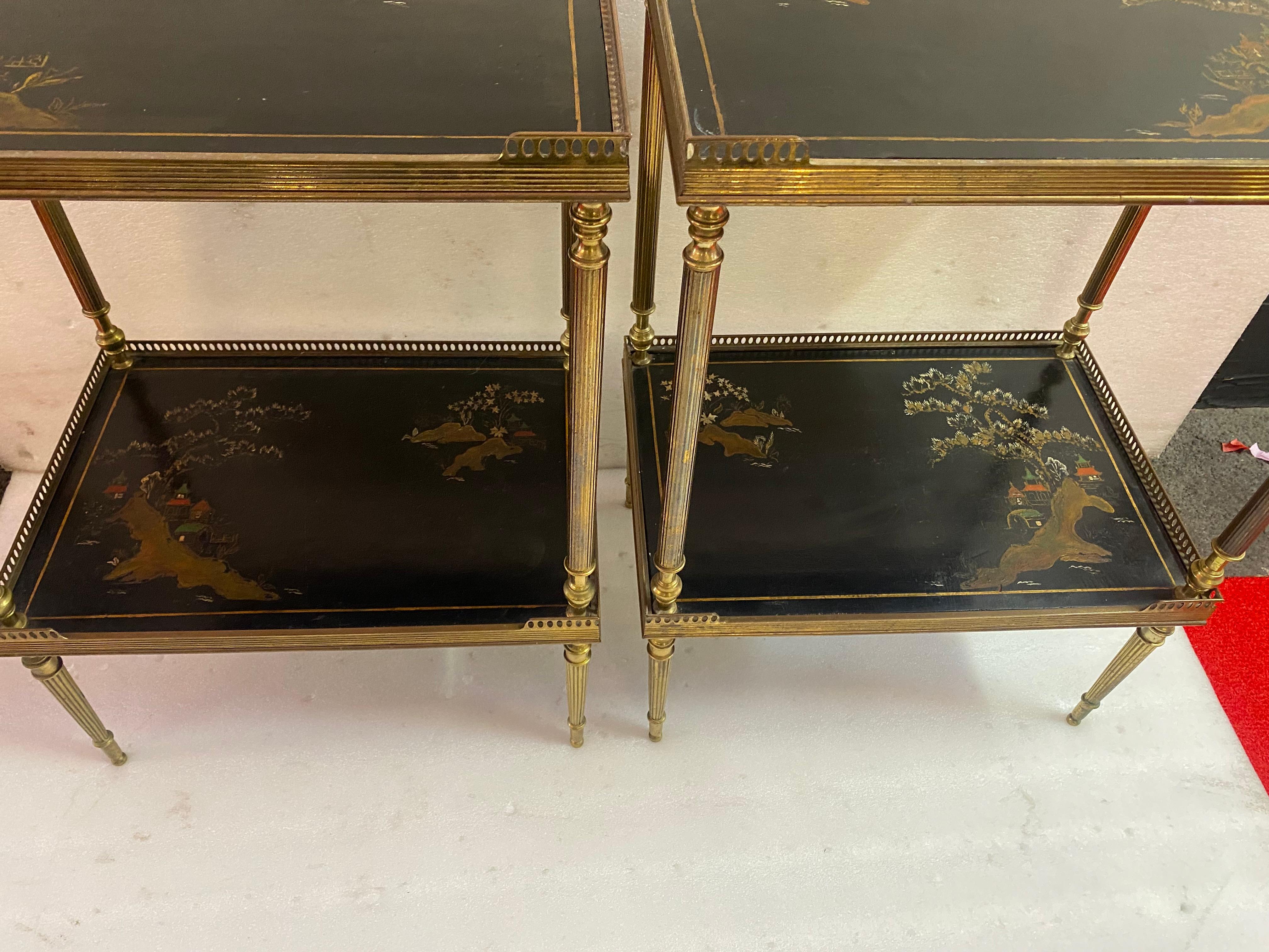 1970′ Pair of Rectangular Bronze Side Tables Maison Jansen Chinese Lacquer Trays For Sale 10