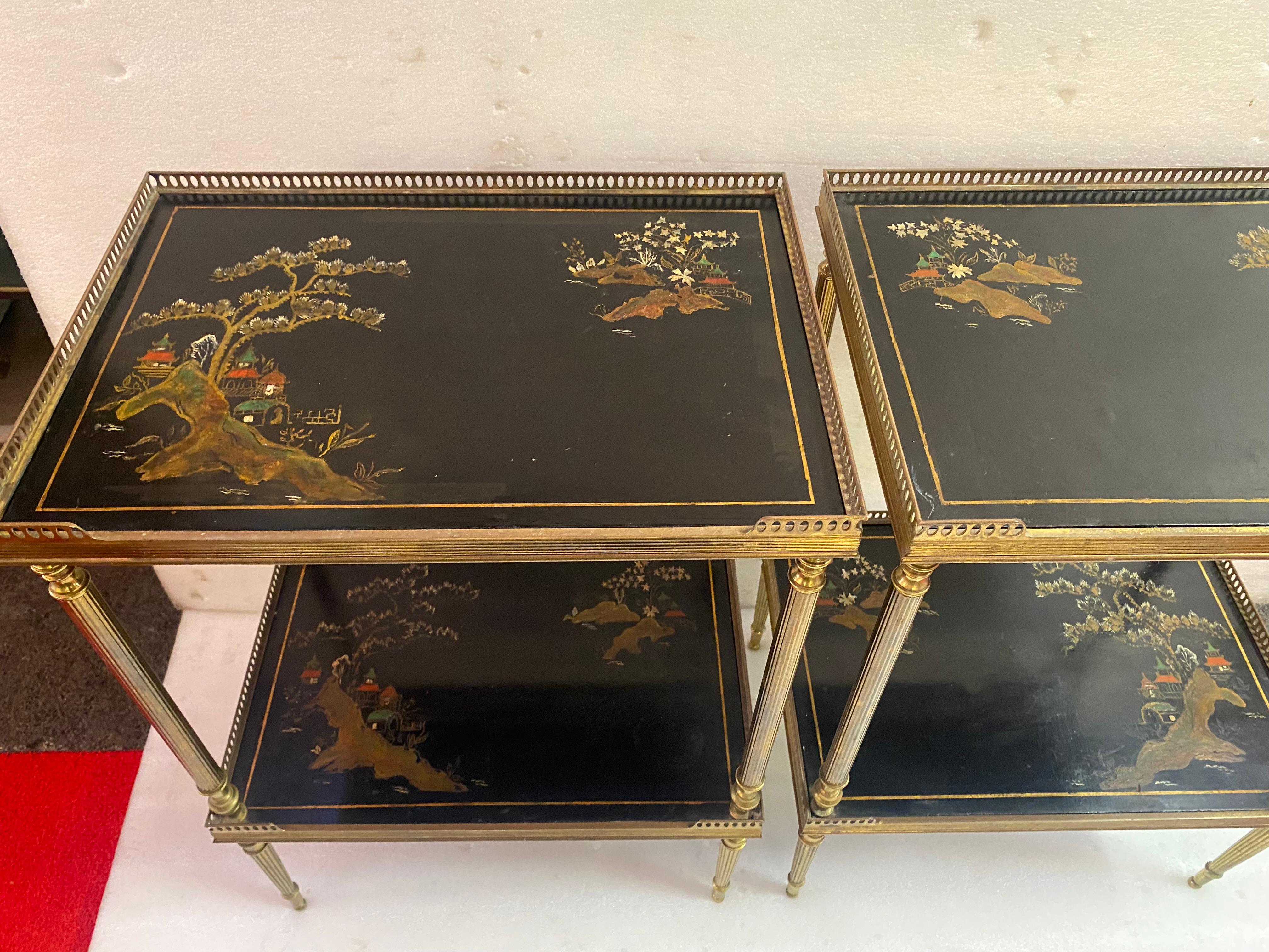 1970′ Pair of Rectangular Bronze Side Tables Maison Jansen Chinese Lacquer Trays For Sale 11