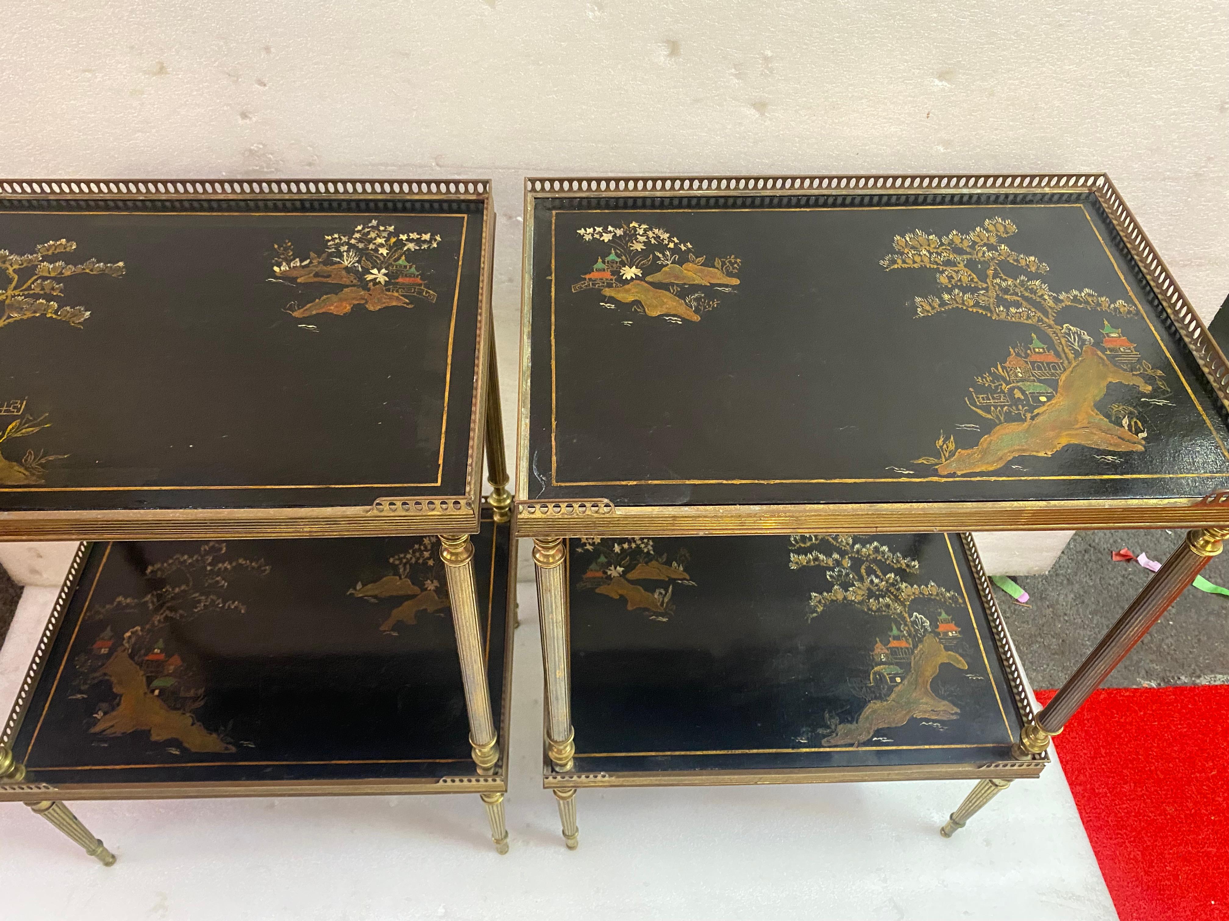 1970′ Pair of Rectangular Bronze Side Tables Maison Jansen Chinese Lacquer Trays For Sale 12