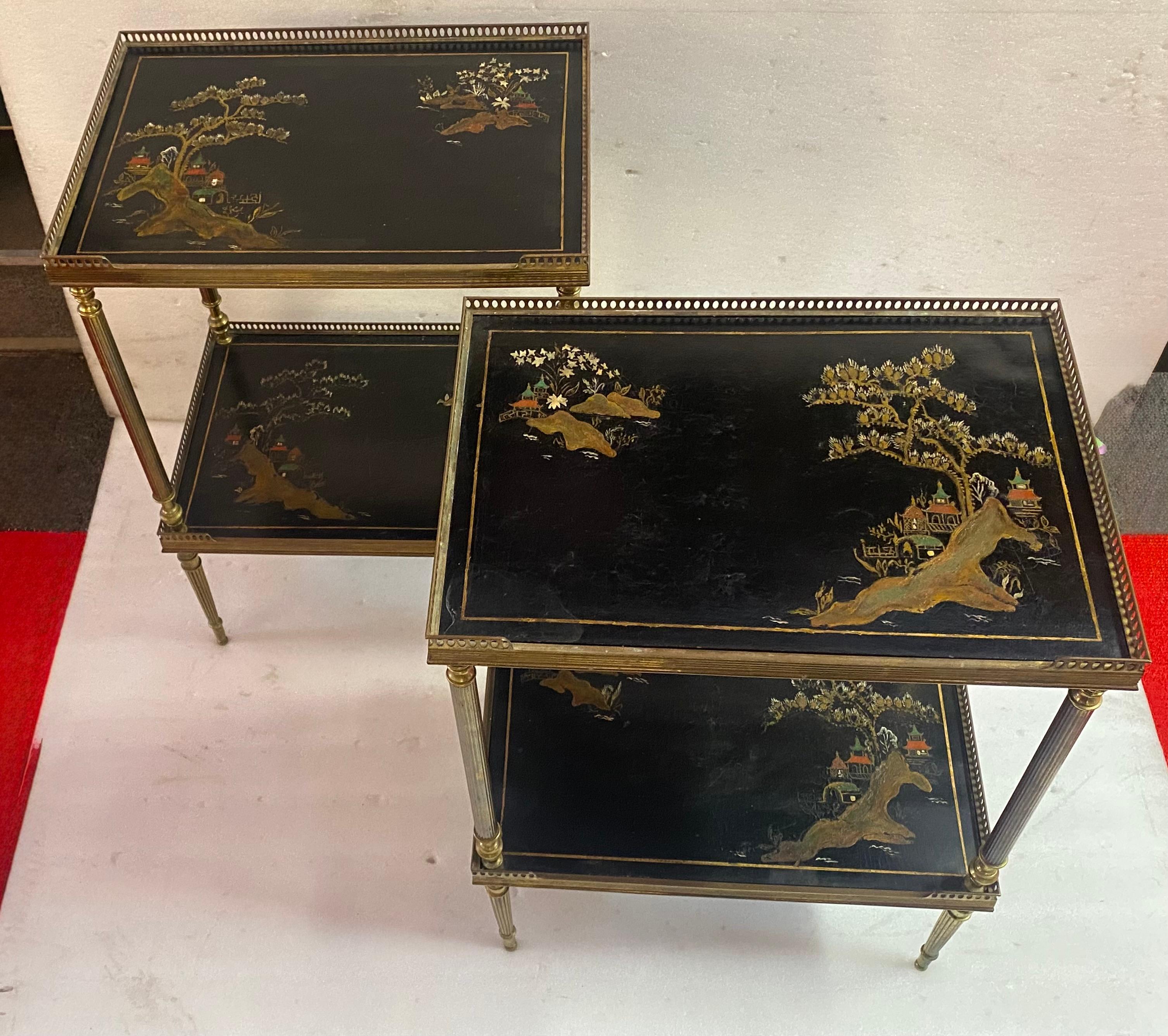 1970′ Pair of Rectangular Bronze Side Tables Maison Jansen Chinese Lacquer Trays For Sale 13