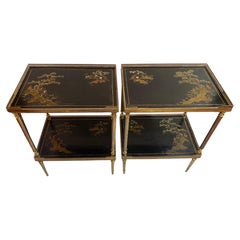1970′ Pair of Rectangular Bronze Side Tables Maison Jansen Chinese Lacquer Trays