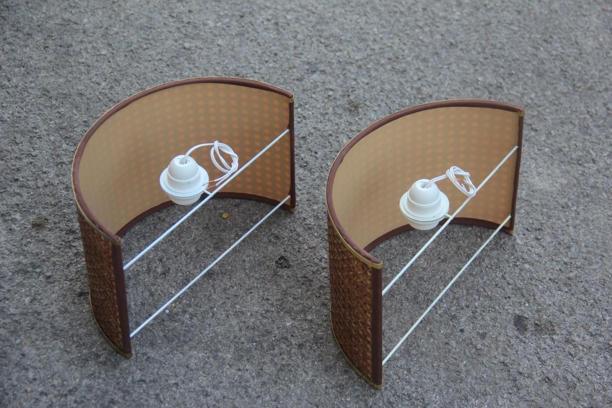 Italiano 1970 Coppia di applique Vienna Straw Bamboo Brown Gold Italian Curved Rectangular in vendita