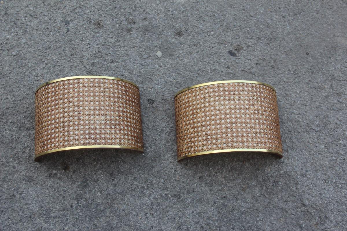 1970 Pair of Sconces Vienna Straw Bamboo Brown Gold Italian Curved Rectangular  For Sale 1