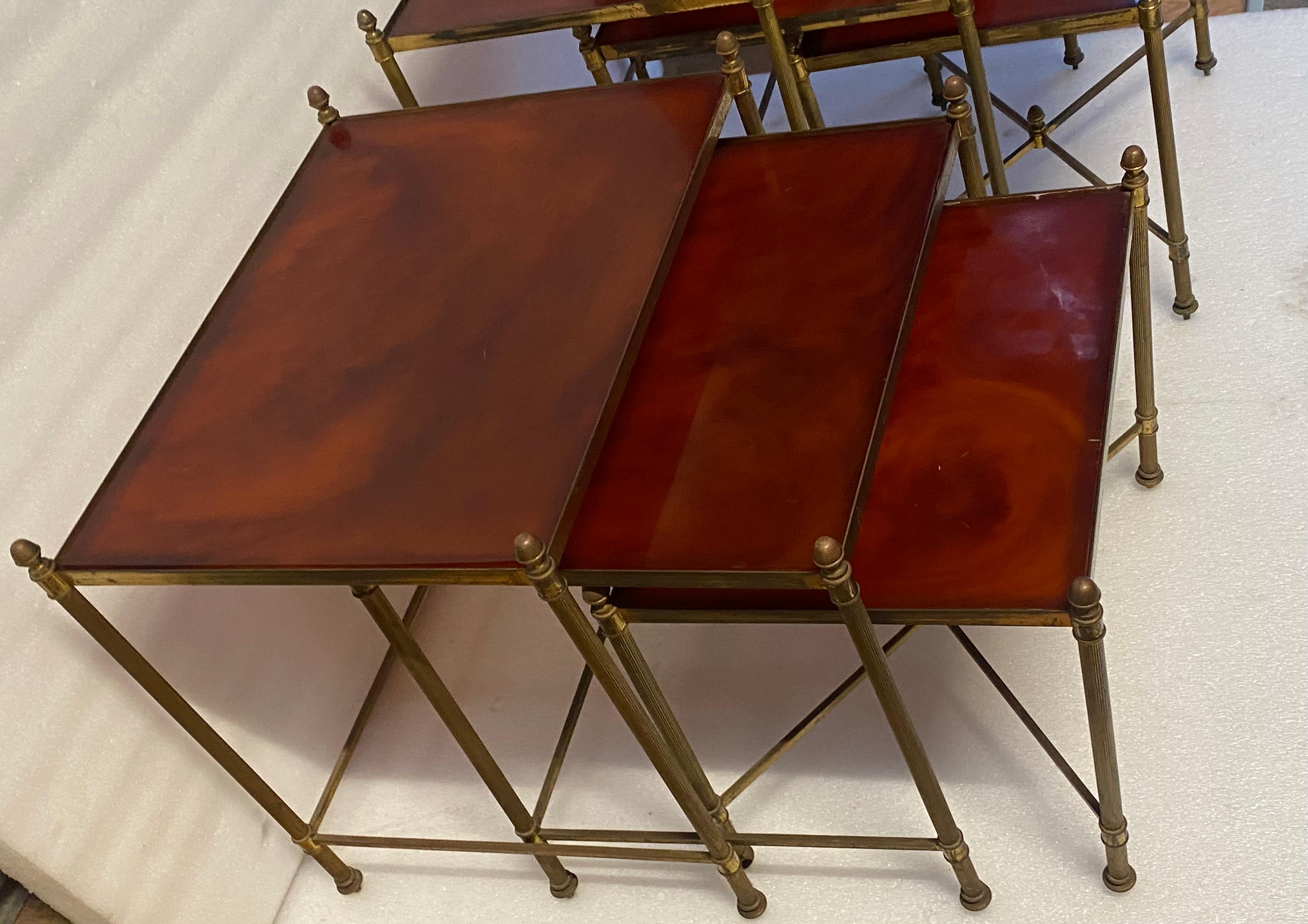 1970 ‘Pair Of Series Of 3 Nesting Tables Maison Baguès In Gilt Bronze, Bakelite 2