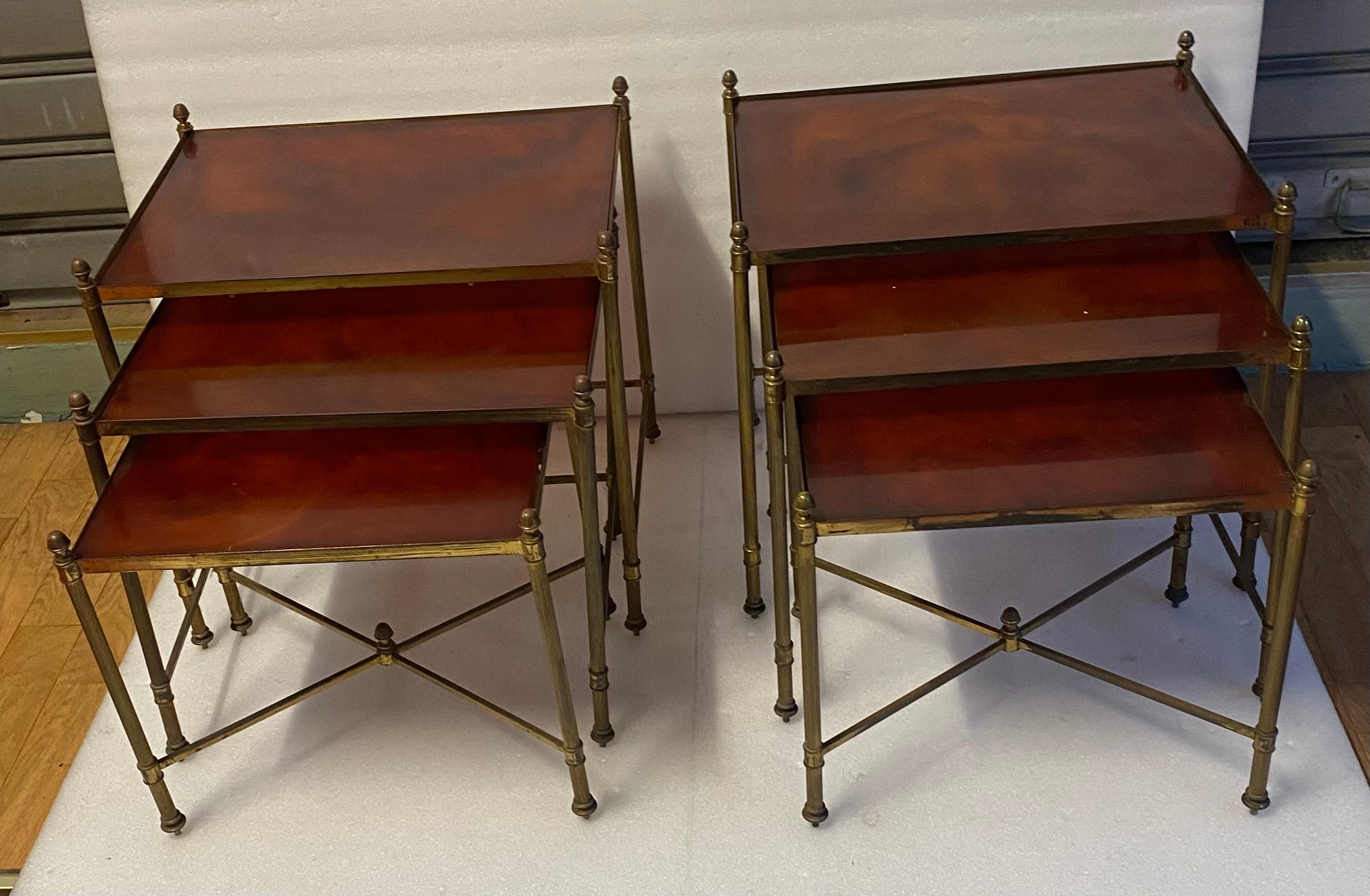 French 1970 ‘Pair Of Series Of 3 Nesting Tables Maison Baguès In Gilt Bronze, Bakelite
