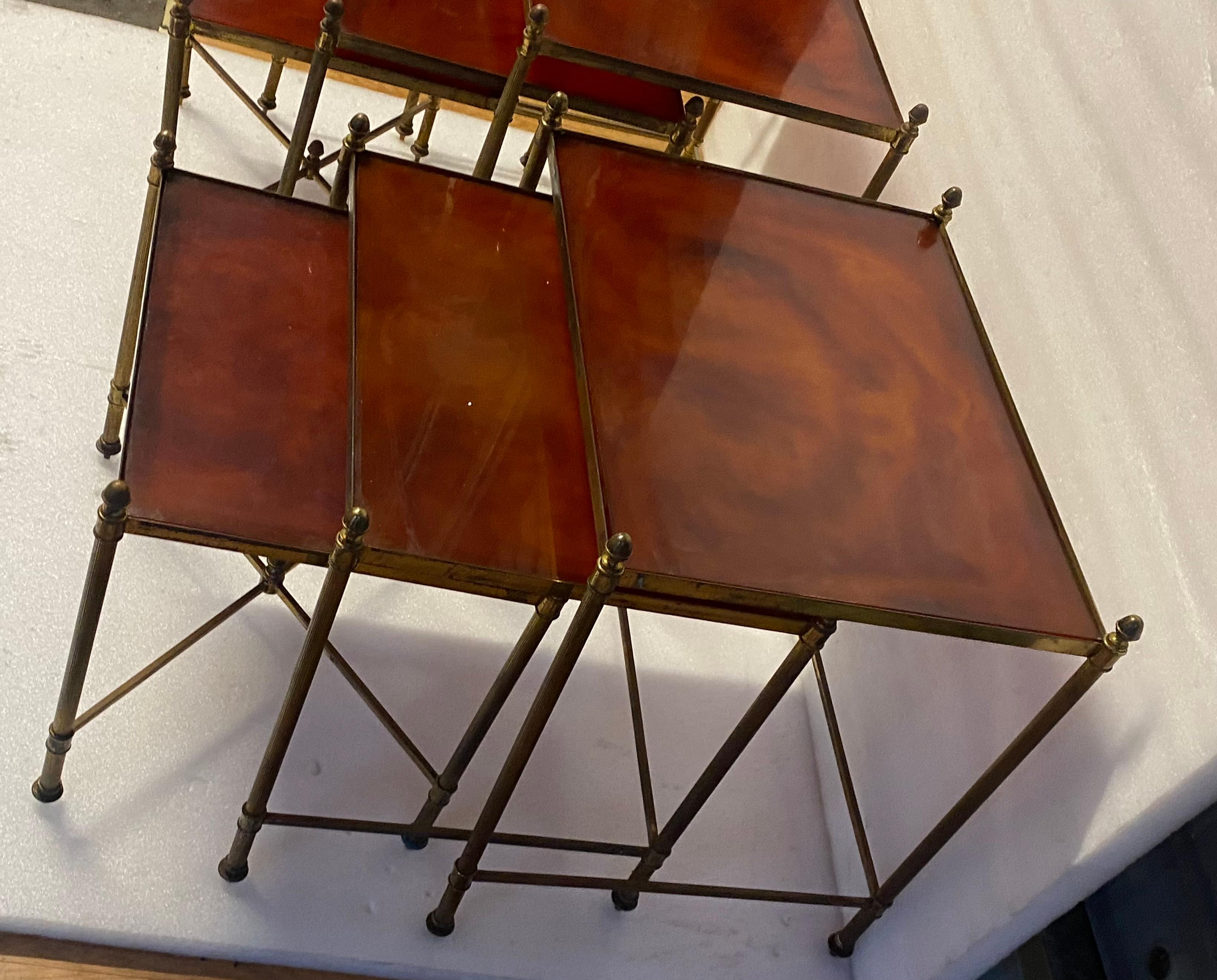 Brass 1970 ‘Pair Of Series Of 3 Nesting Tables Maison Baguès In Gilt Bronze, Bakelite
