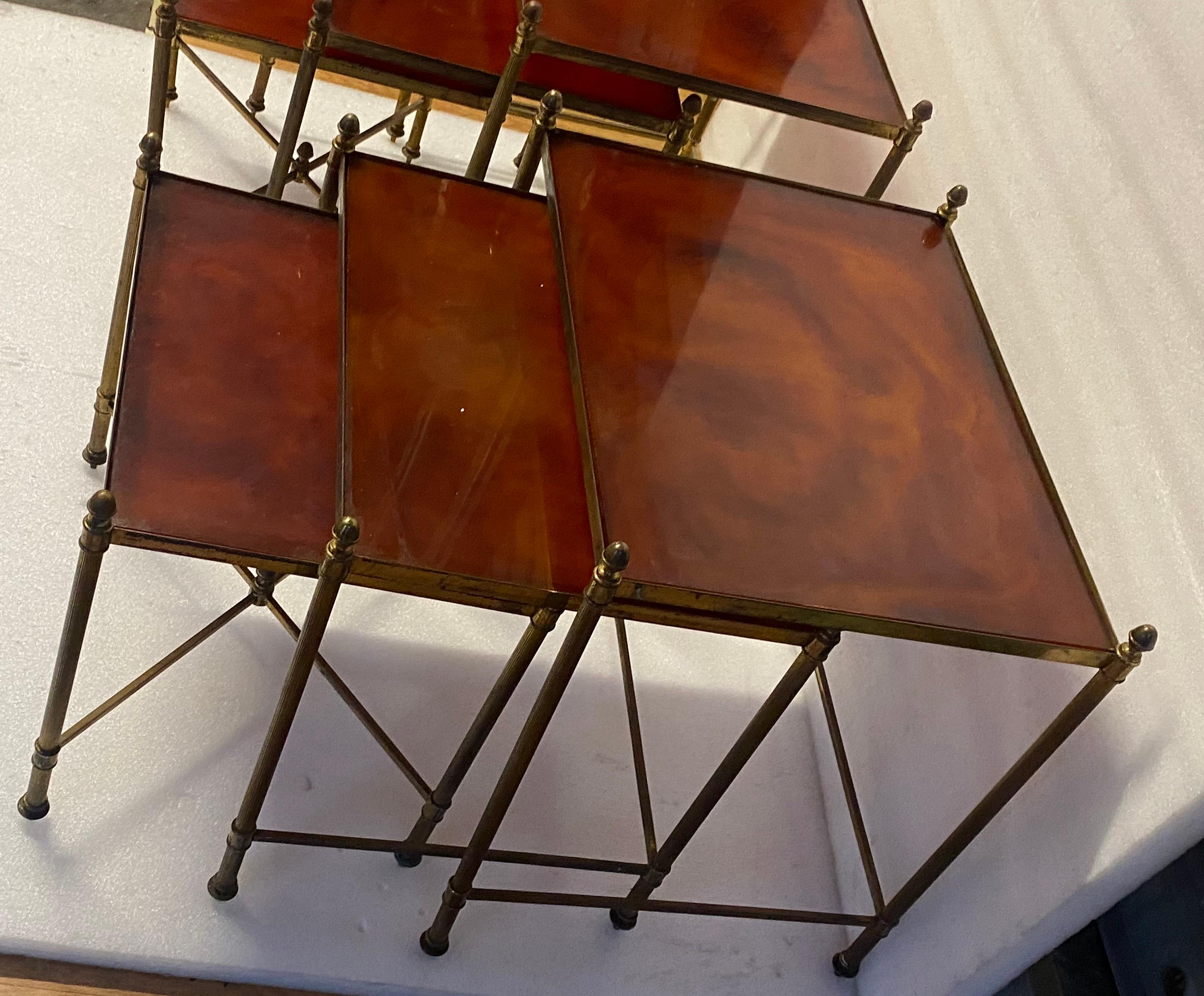 1970 ‘Pair Of Series Of 3 Nesting Tables Maison Baguès In Gilt Bronze, Bakelite 1