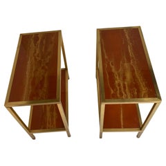 1970′ Pair Of Side Tables At 2 Levels Maison Jansen Orange Melamine Lacquer Tray