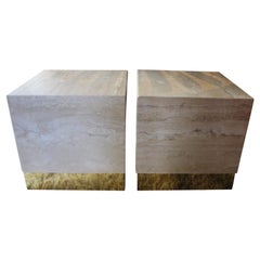1970 Pair of Squared Side Table in Travertine Marble with Brass Finishes
