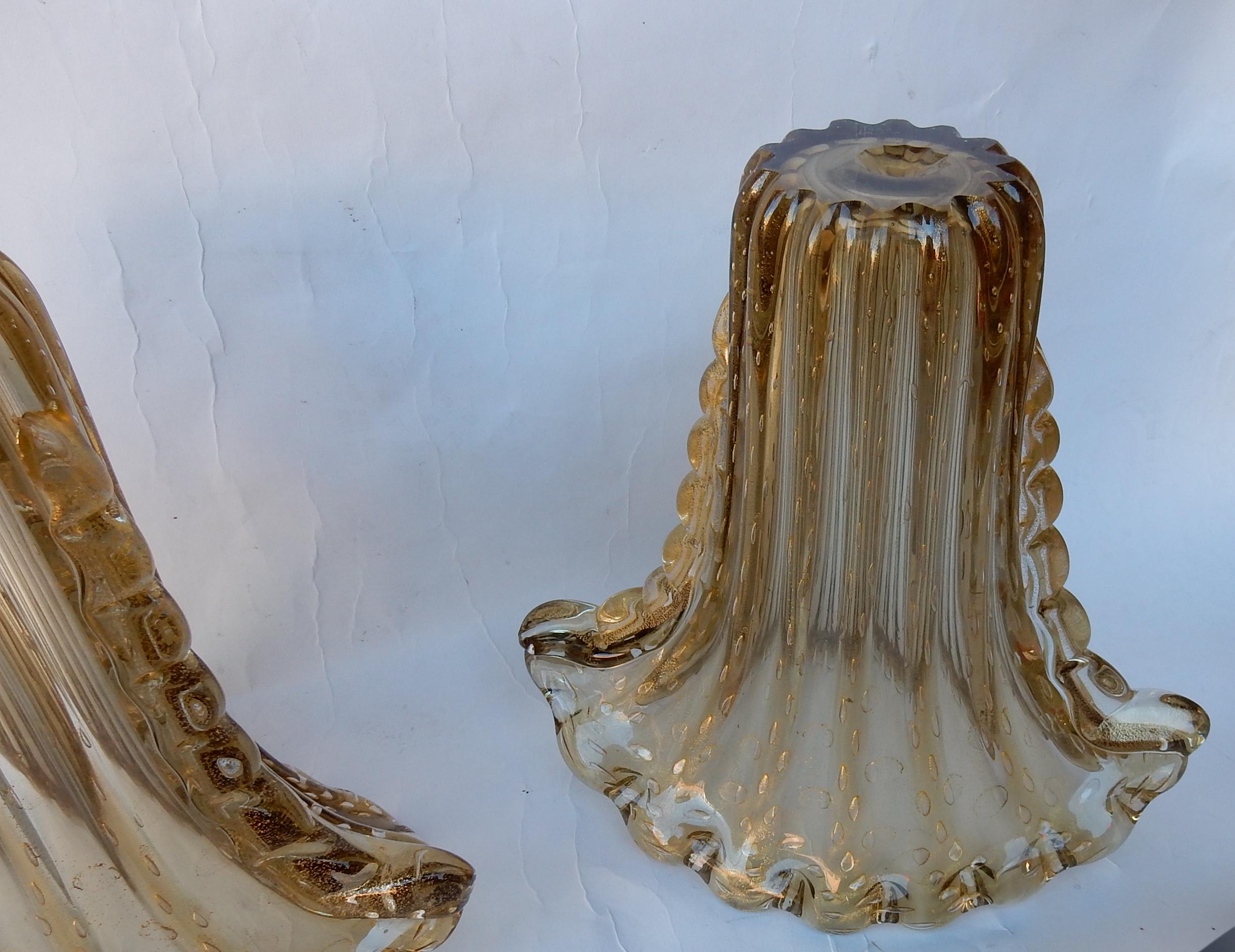 1970 Pair of Vases, Murano Crystal Smoked and Gold, Signed Toso 2