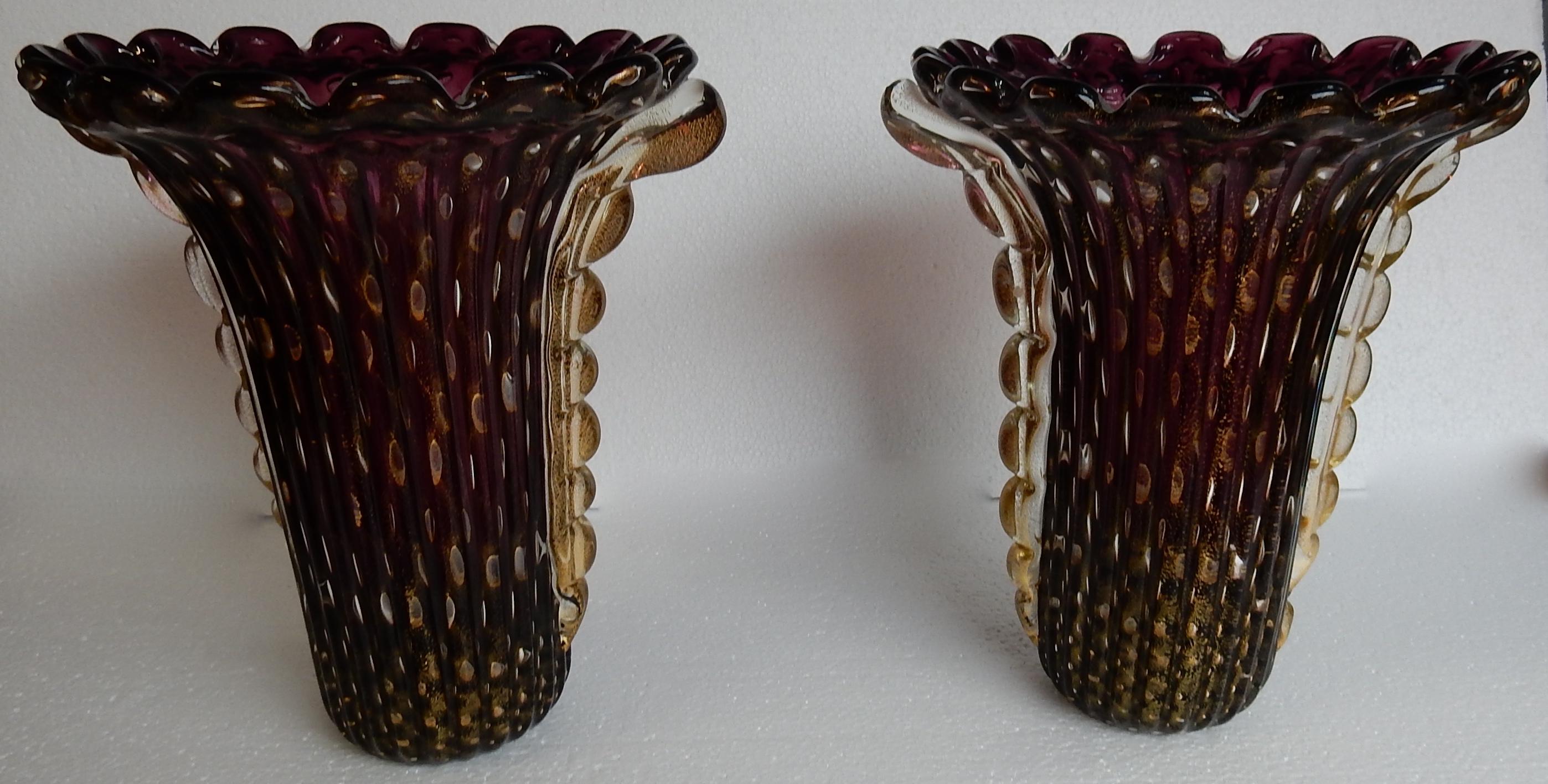 1970 Paar Vasen, Murano-Kristall Violine und Gold, signiert Toso Murano im Zustand „Gut“ im Angebot in Paris, FR