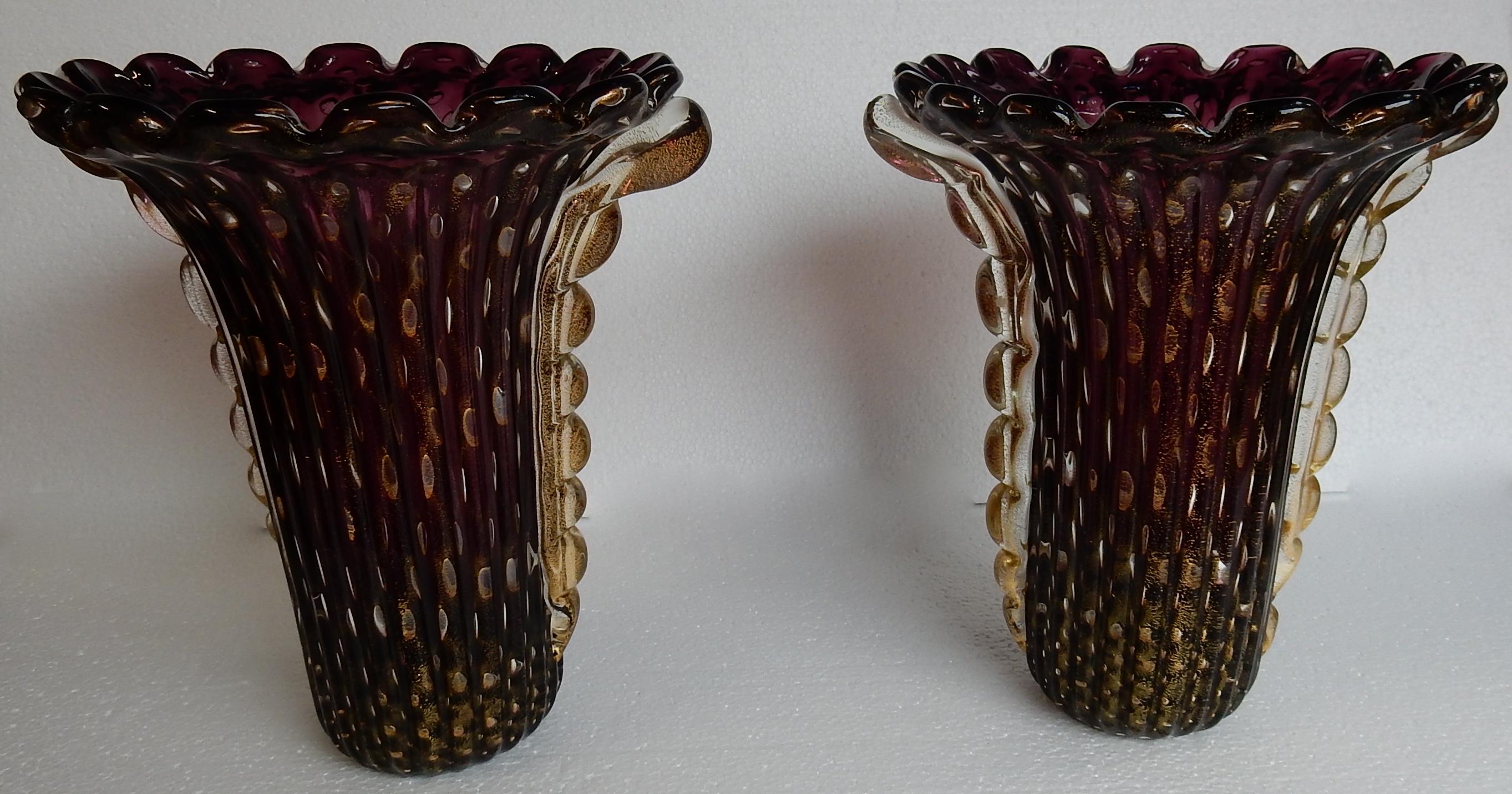 1970 Paar Vasen, Murano-Kristall Violine und Gold, signiert Toso Murano (Mitte des 20. Jahrhunderts) im Angebot