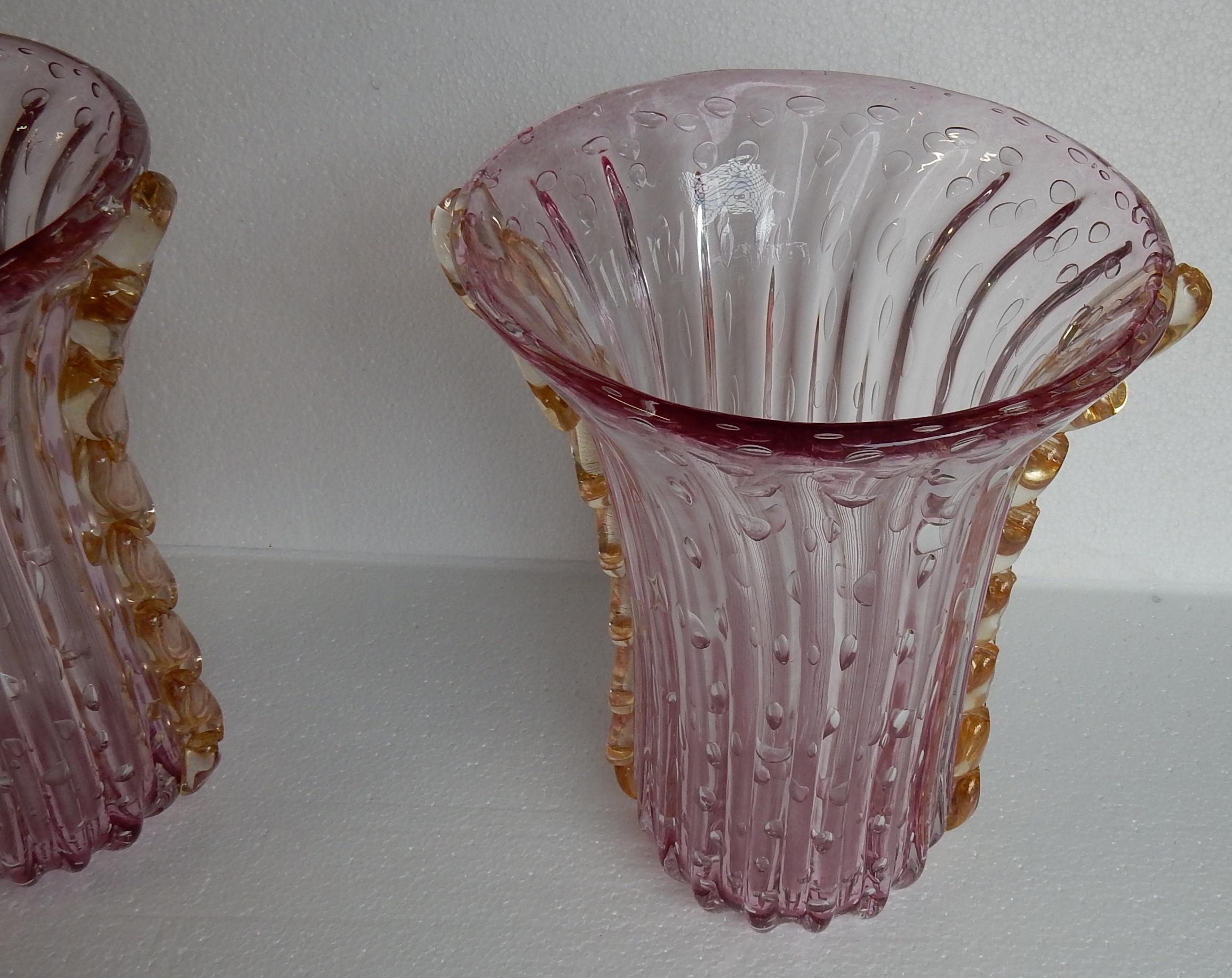 Art Deco 1970 Pair of Vases Or Similar Murano Crystal Pink and Gold Signed Toso For Sale