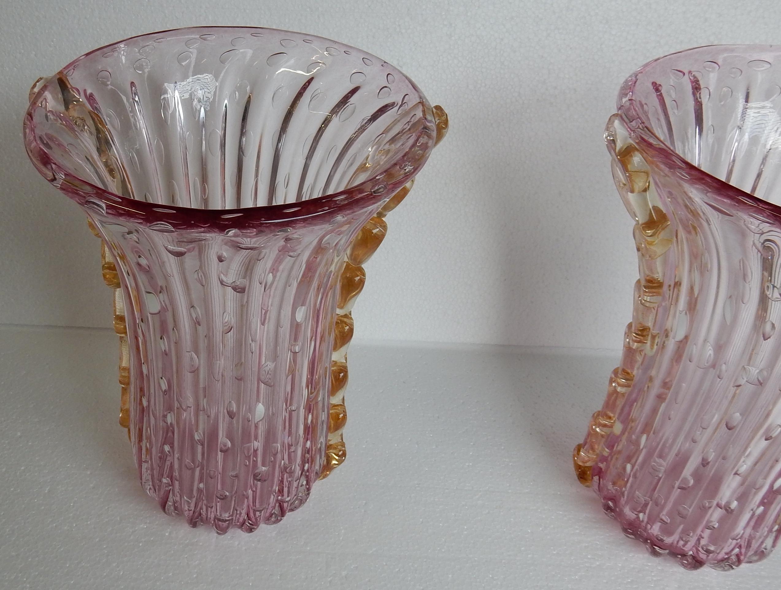 Italian 1970 Pair of Vases Or Similar Murano Crystal Pink and Gold Signed Toso For Sale
