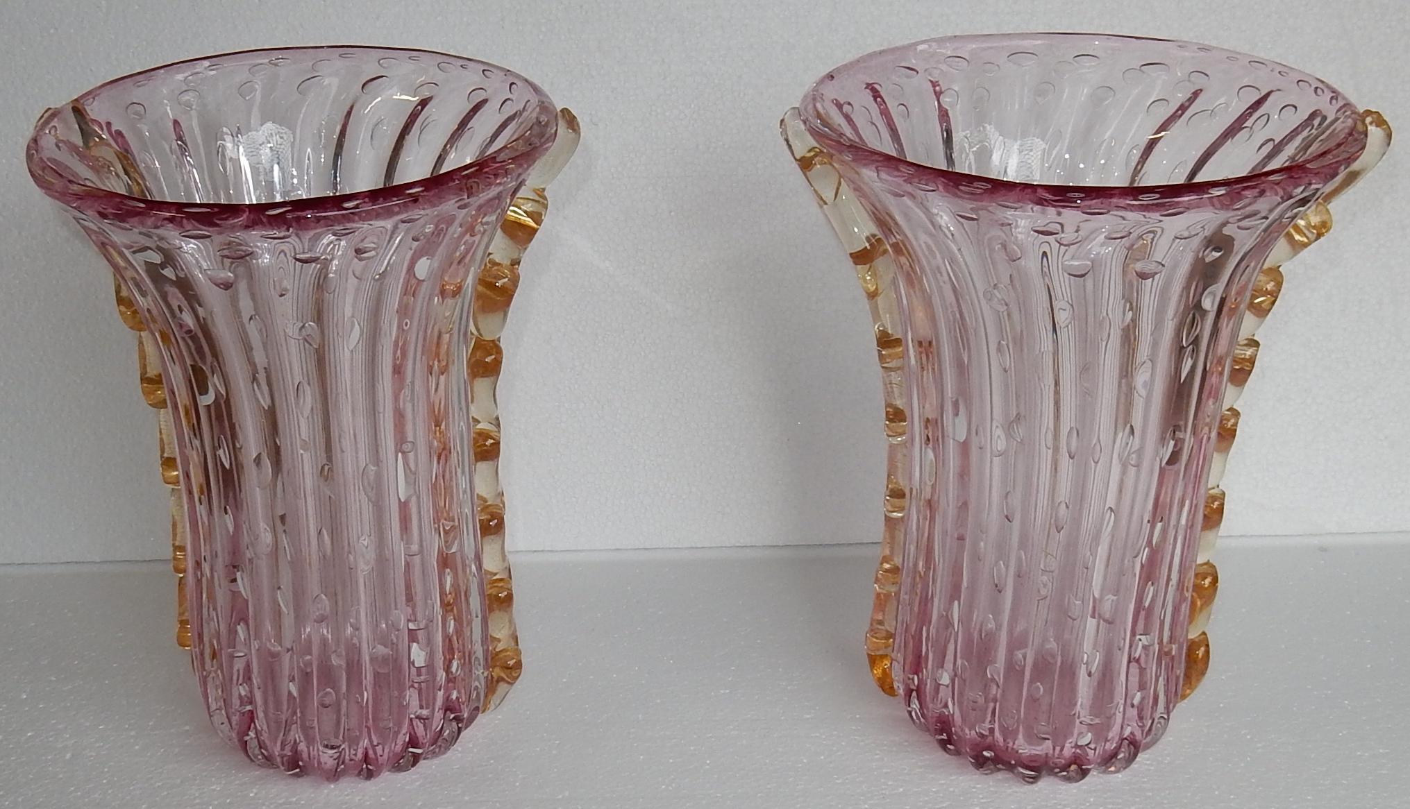 Forged 1970 Pair of Vases Or Similar Murano Crystal Pink and Gold Signed Toso For Sale