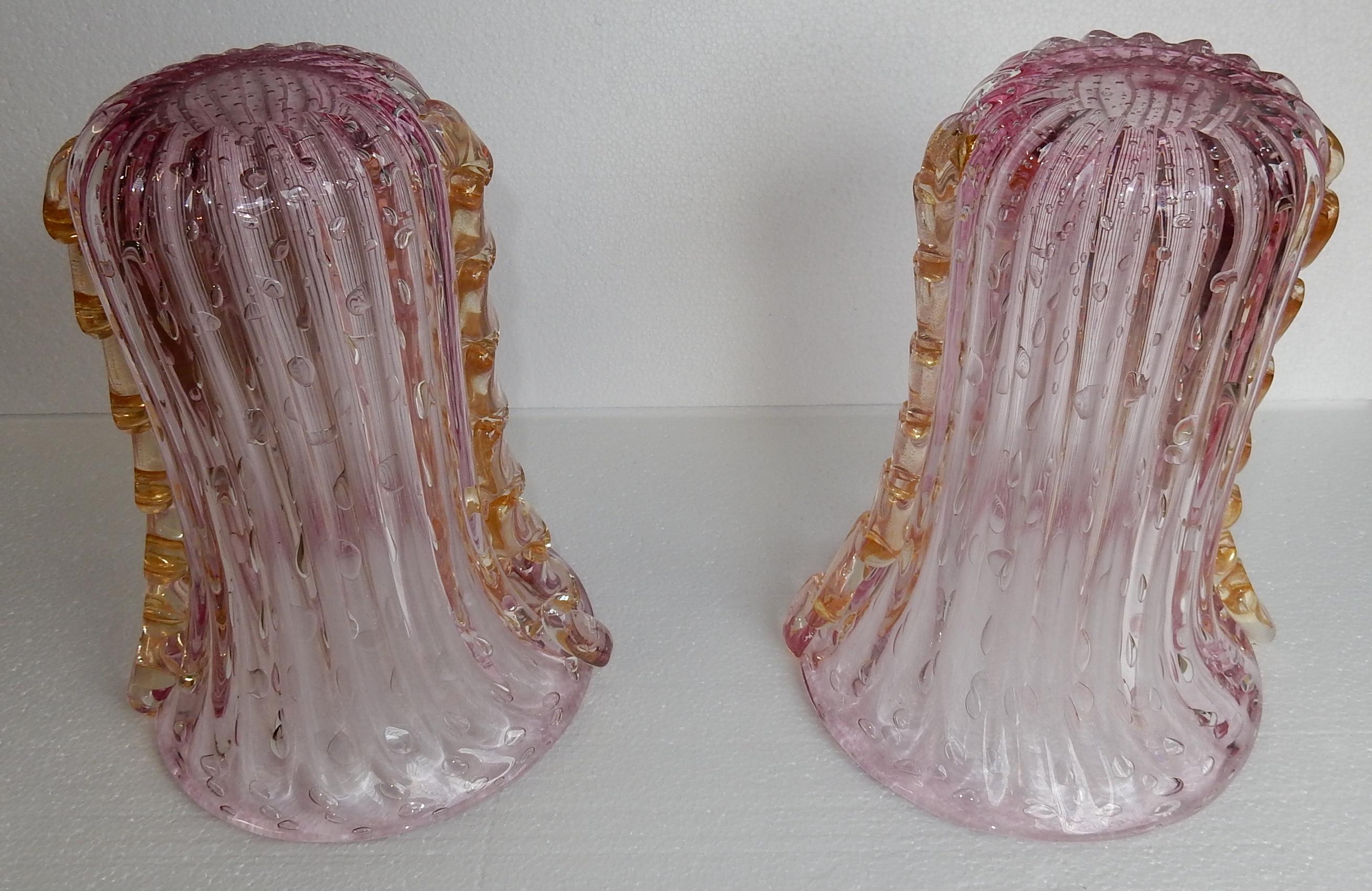 1970 Pair of Vases Or Similar Murano Crystal Pink and Gold Signed Toso In Good Condition For Sale In Paris, FR