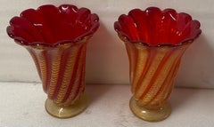 1970′ Pair of Vases or Similar Murano Crystal Red Orange and Gold H 32 ø 25.5 cm