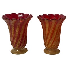 1970′ Pair of Vases or Similar Murano Crystal Red Orange and Gold H 32 ø 25.5 cm