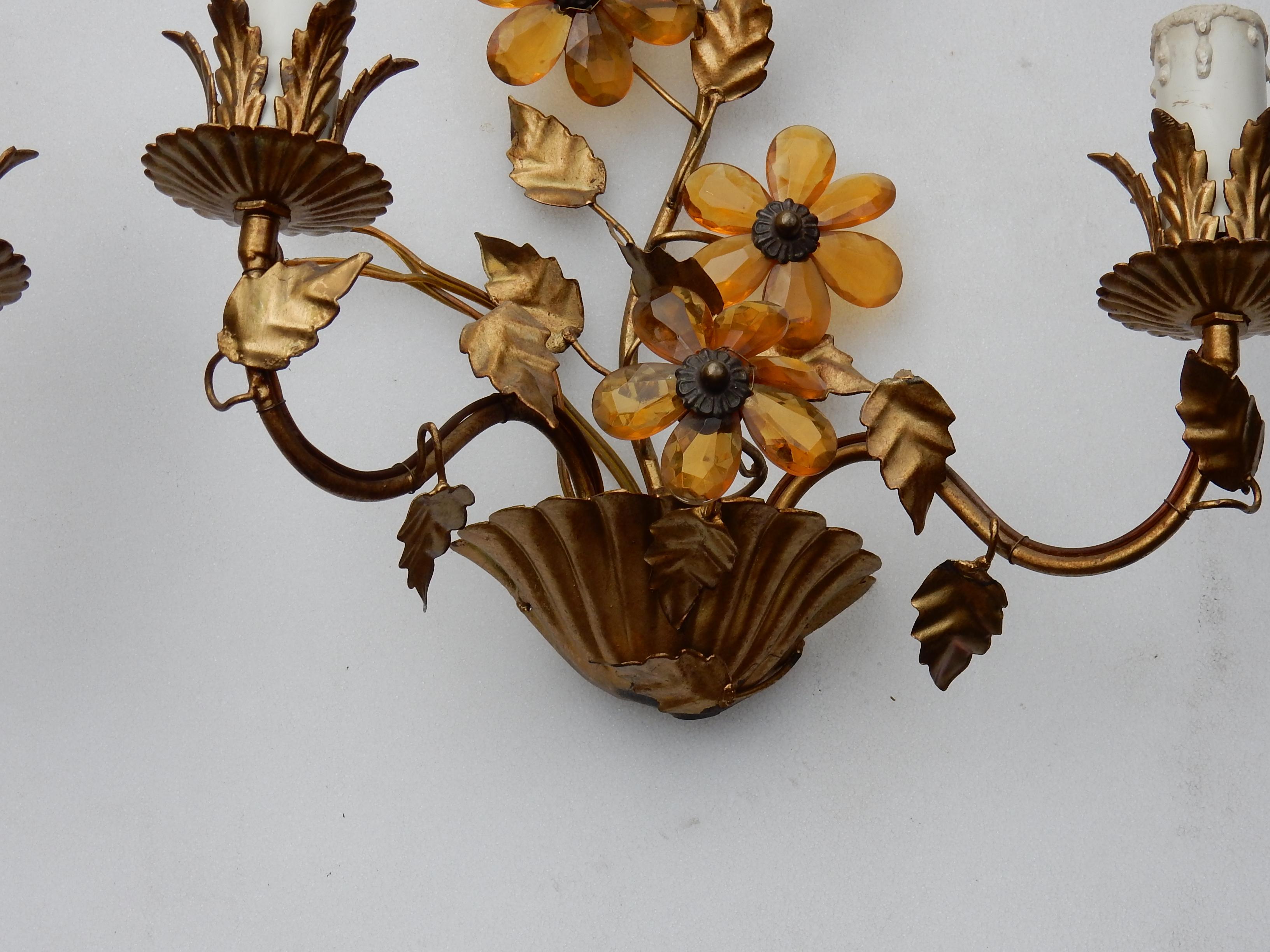 French 1970 Pair of Wall Lamp in the Style of Maison Baguès with Orange Color Flowers