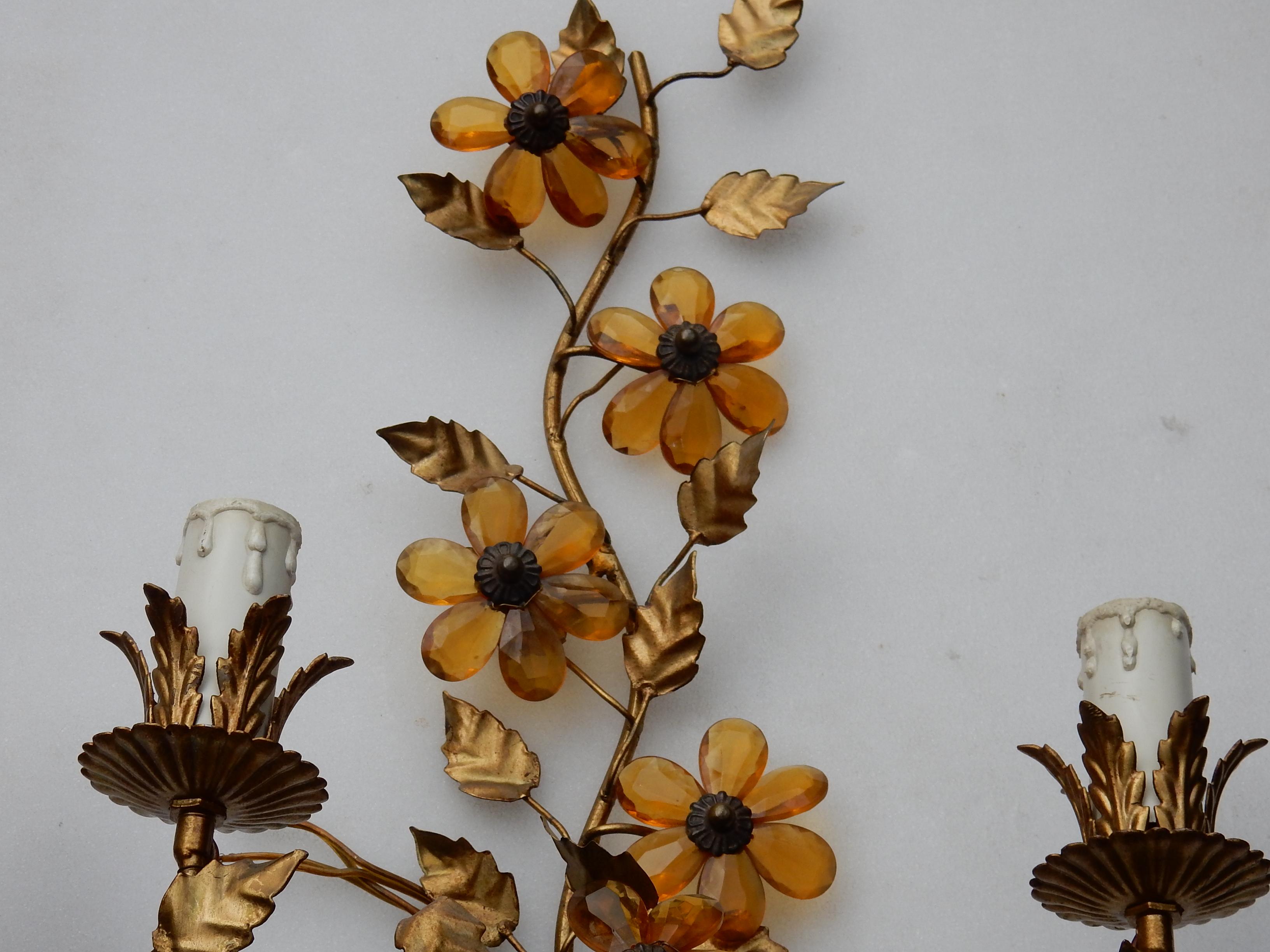 Gilt 1970 Pair of Wall Lamp in the Style of Maison Baguès with Orange Color Flowers