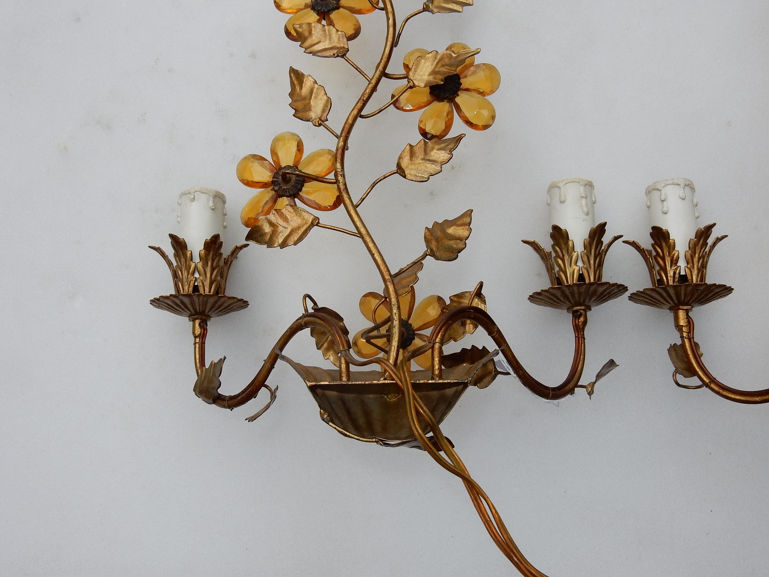 Late 20th Century 1970 Pair of Wall Lamp in the Style of Maison Baguès with Orange Color Flowers