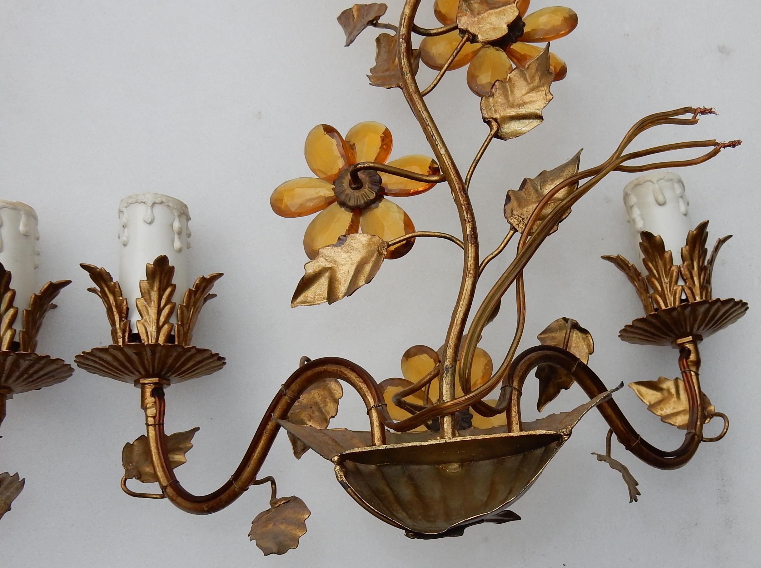 Iron 1970 Pair of Wall Lamp in the Style of Maison Baguès with Orange Color Flowers