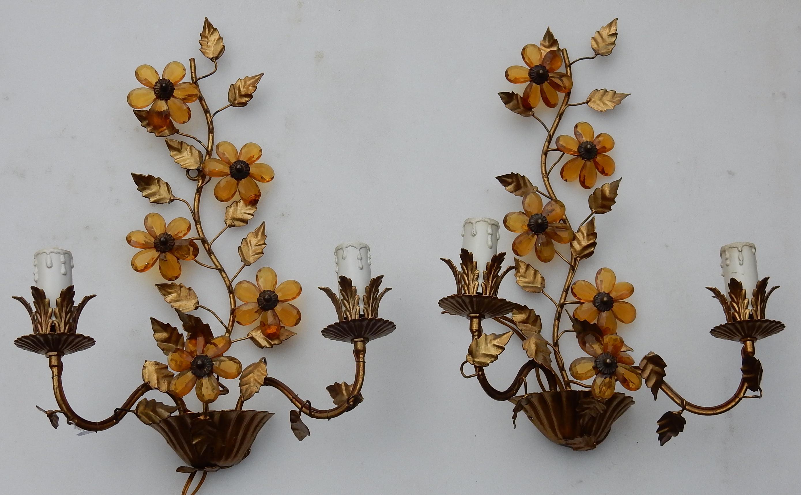 1970 Pair of Wall Lamp in the Style of Maison Baguès with Orange Color Flowers 1
