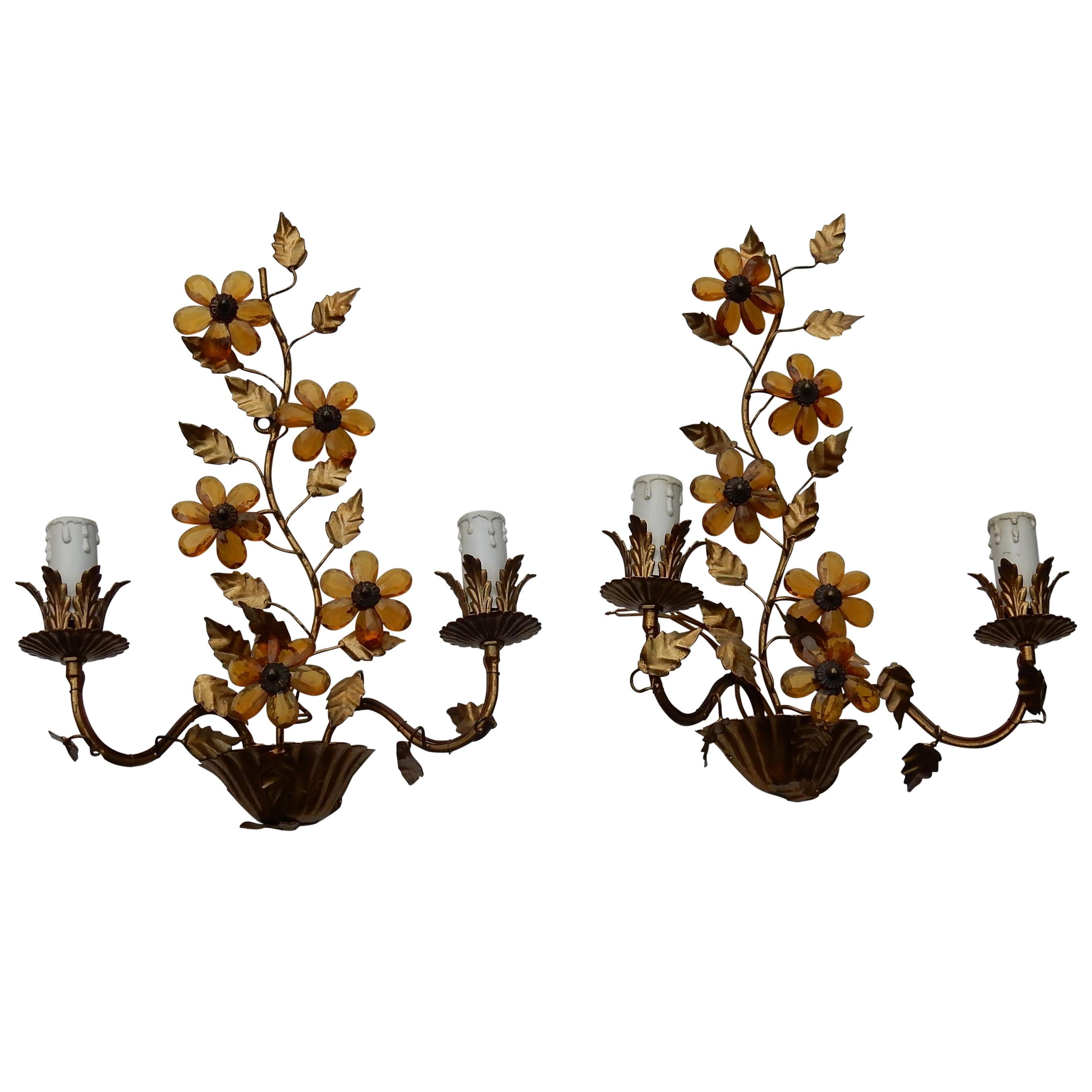 1970 Pair of Wall Lamp in the Style of Maison Baguès with Orange Color Flowers