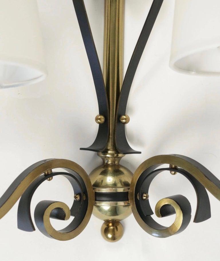 Late 20th Century 1970 Pair of Wrought Iron and Brass Wall Lamps Maison Roche For Sale