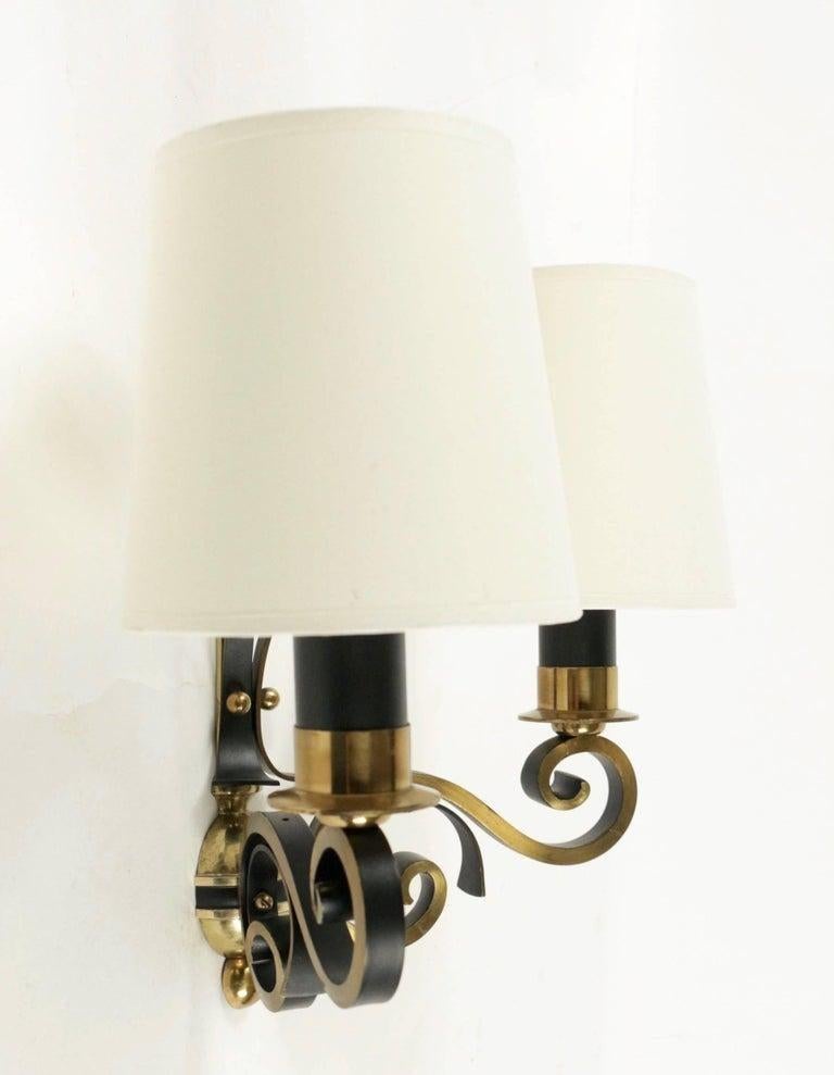 1970 Pair of Wrought Iron and Brass Wall Lamps Maison Roche For Sale 1