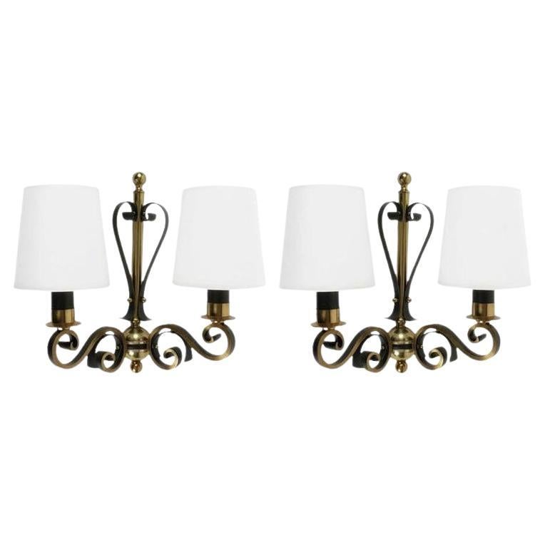 1970 Pair of Wrought Iron and Brass Wall Lamps Maison Roche For Sale