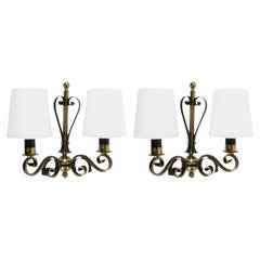 1970 Pair of wrought iron and brass wall lamps Maison Roche