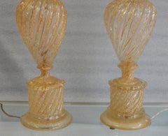 1970s Pair or Similar of Barovier y Toso Lamps with Gold Paillons Murano Crystal