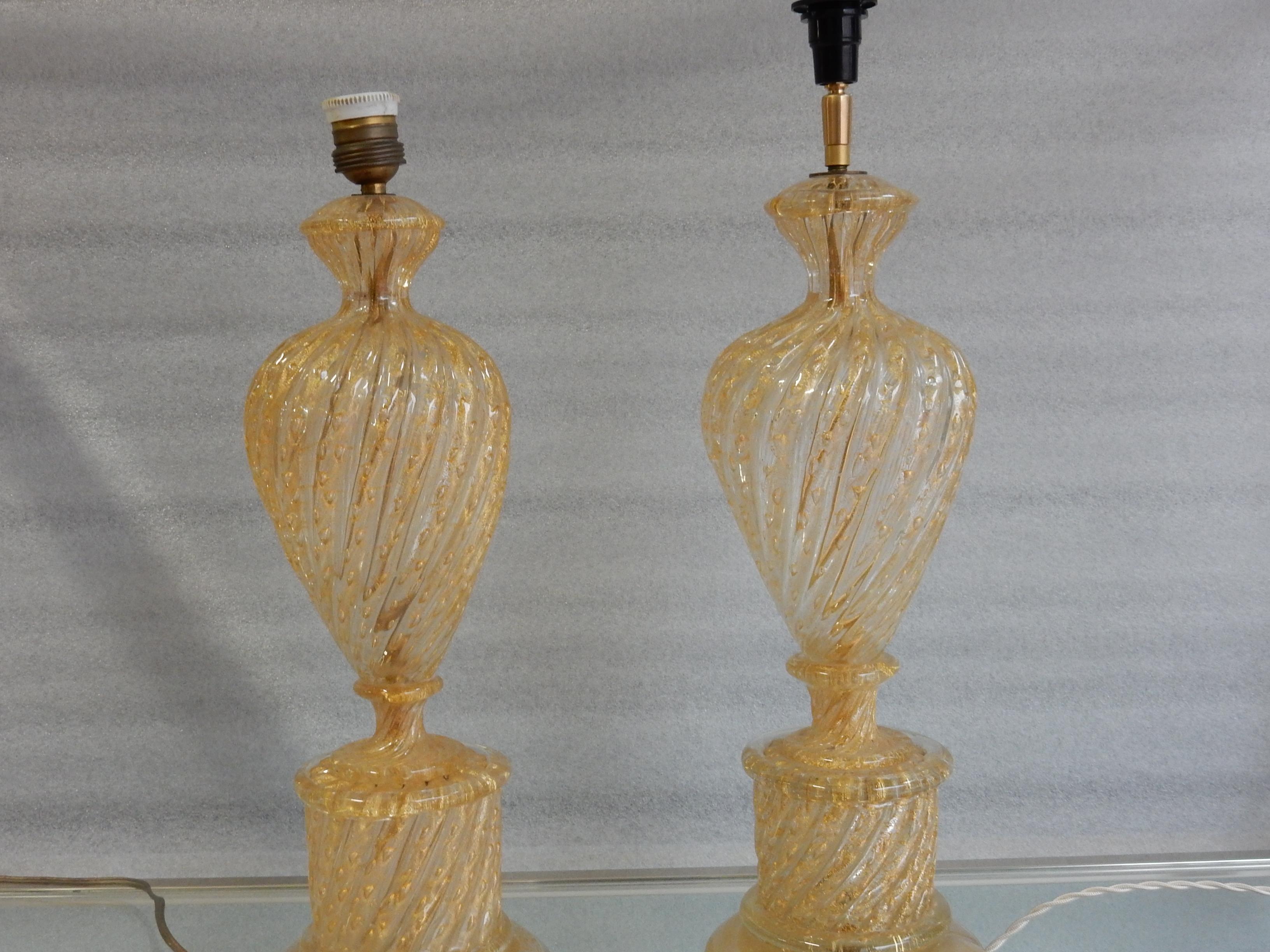 Neoclassical 1970s Pair or Similar of Barovier y Toso Lamps with Gold Paillons Murano Crystal For Sale