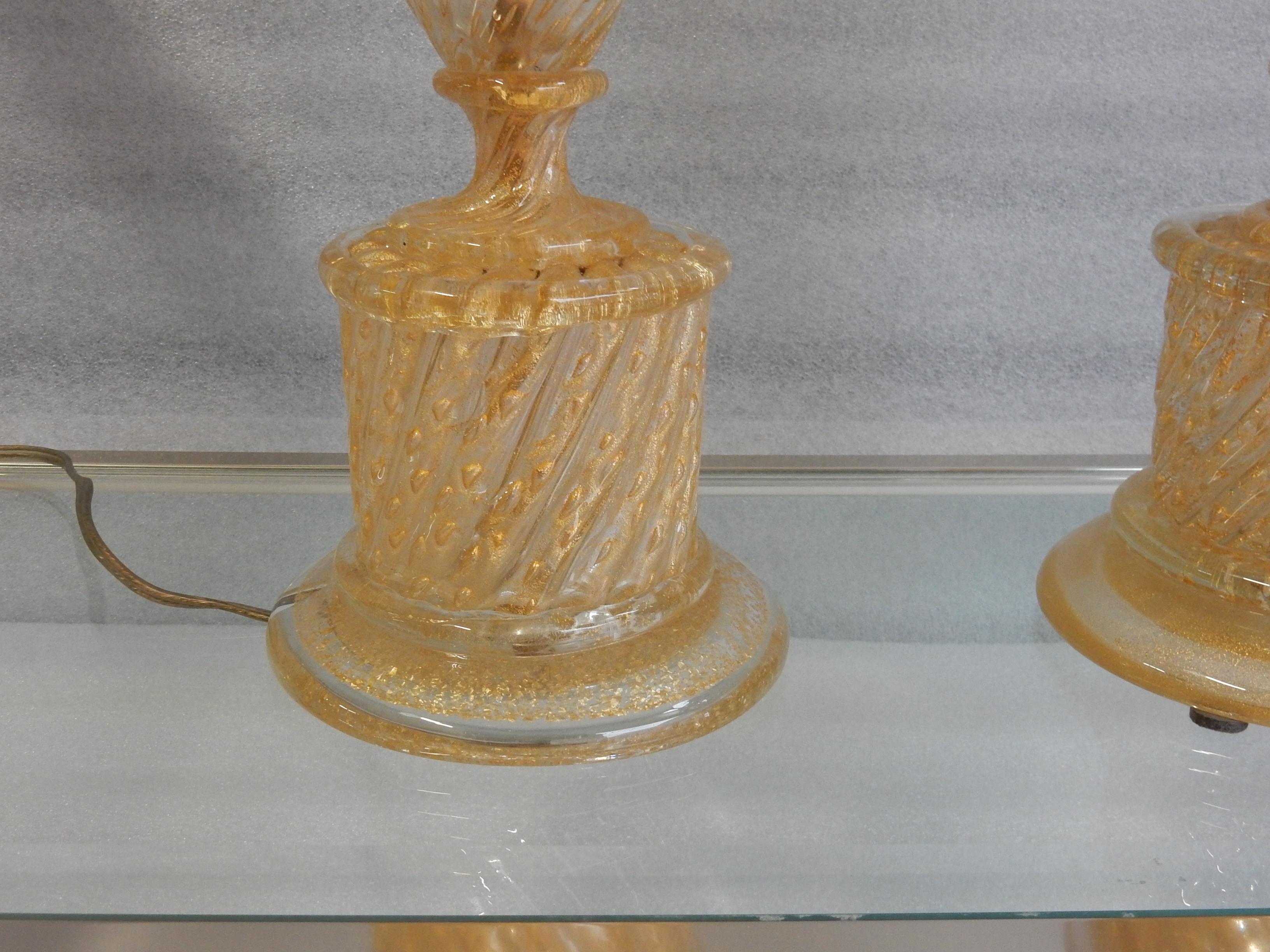 Italian 1970s Pair or Similar of Barovier y Toso Lamps with Gold Paillons Murano Crystal For Sale