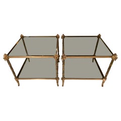 1970 Pair Spanish Faux Bamboo Brass and Smoked Glass Side Coffee Tables