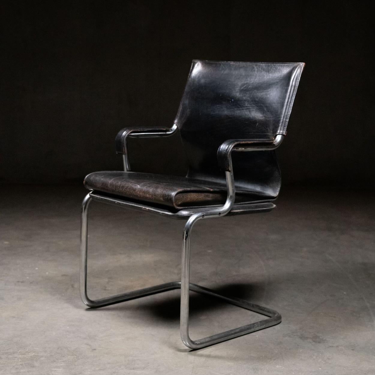 Original 1973 Uno chairs designed by Paolo Deganello and Gilberto Corretti for Archizoom Associati in Florence Italy

They were made by MARCATRE’. Hand-stitched with good quality heavy leather and tubular chrome design the chairs are full of