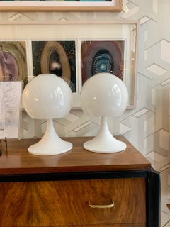 1970 Pair of White Opaline Glass and Lacquered Metal Ball Table Lamps