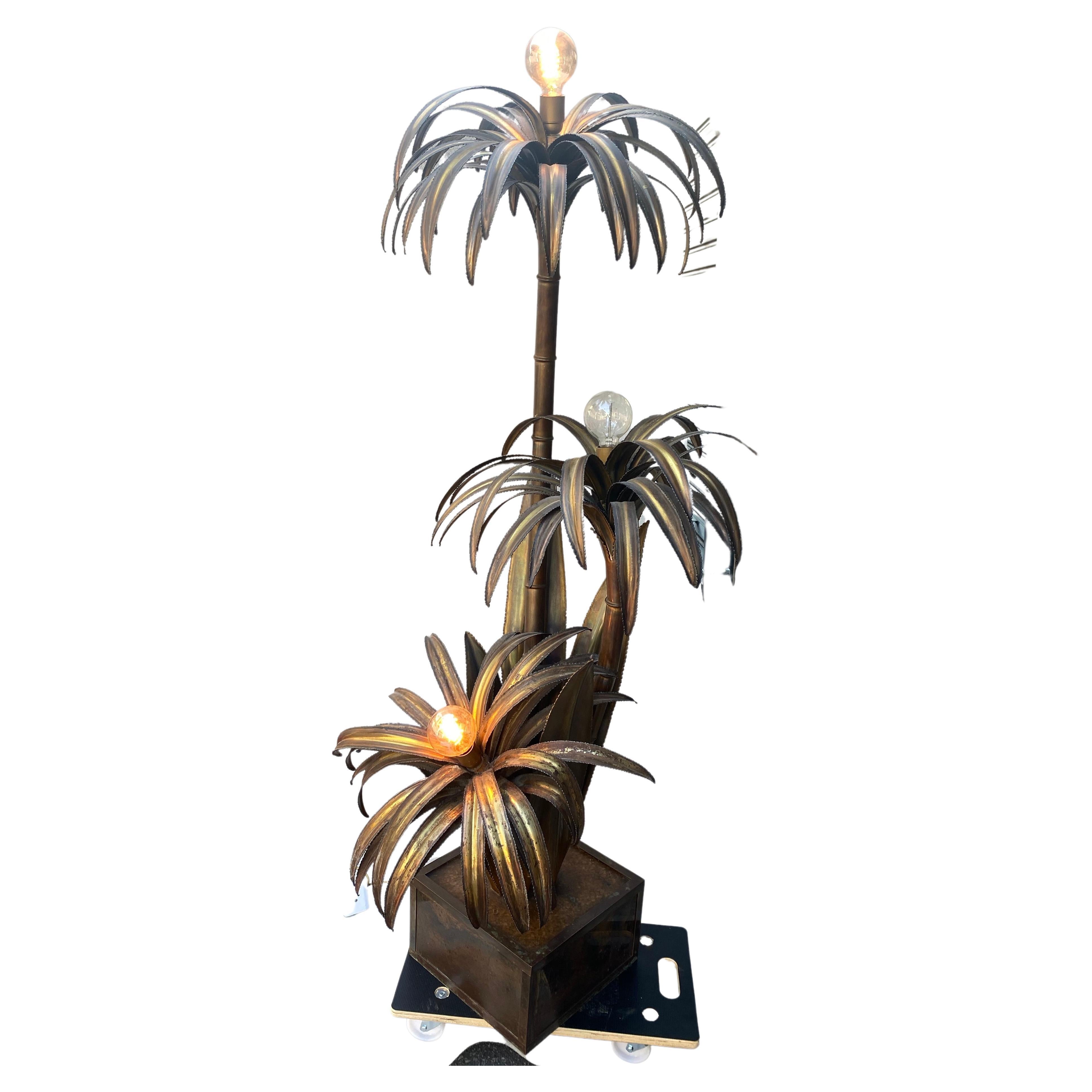1970 “Palm Tree Floor Lamp in Brass Maison Jansen 3 Heads In The Style Brutalist For Sale