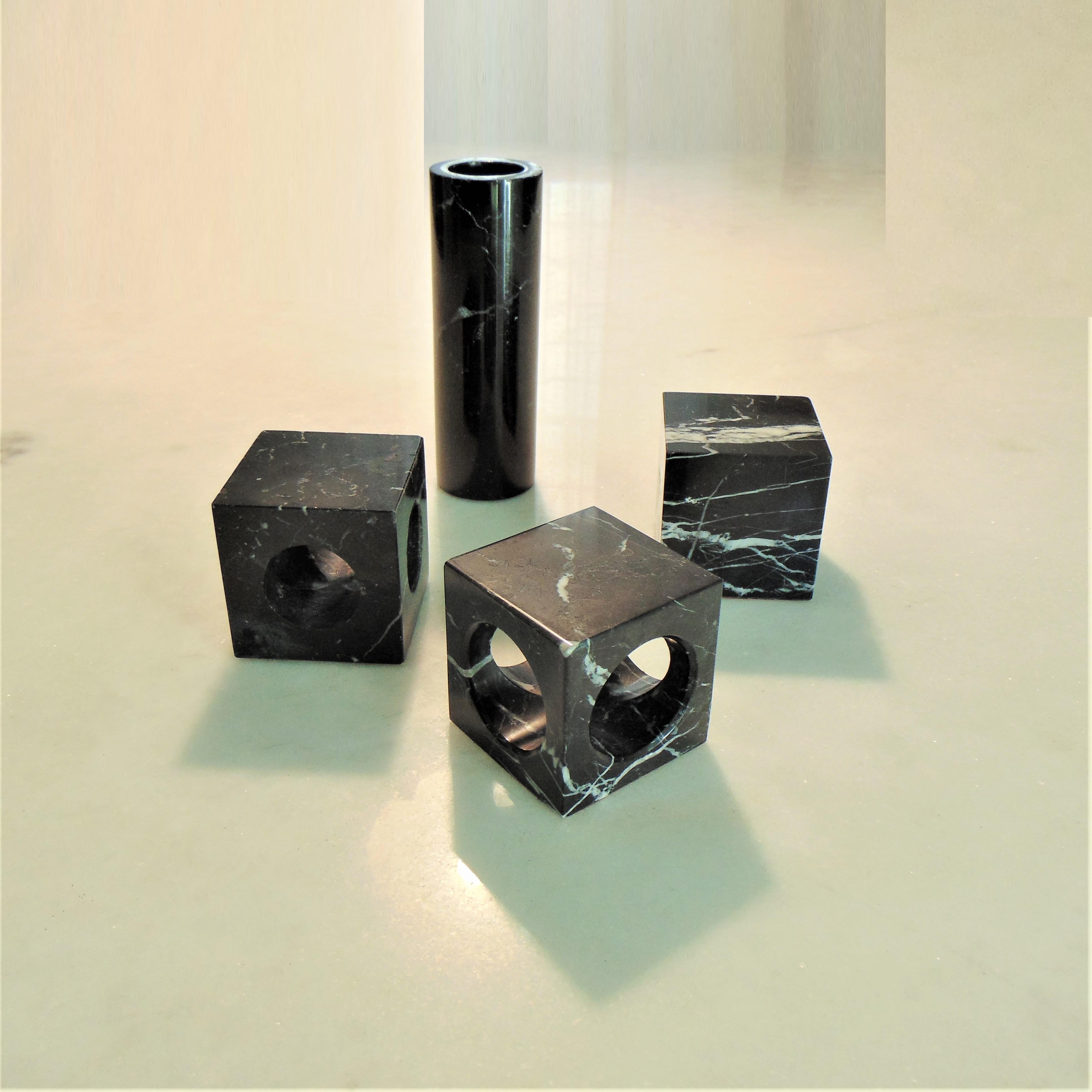 Mid-Century Modern 1970 Paperweights, Bookends, Vase Black Marquinia Marble for Sormani, Italy