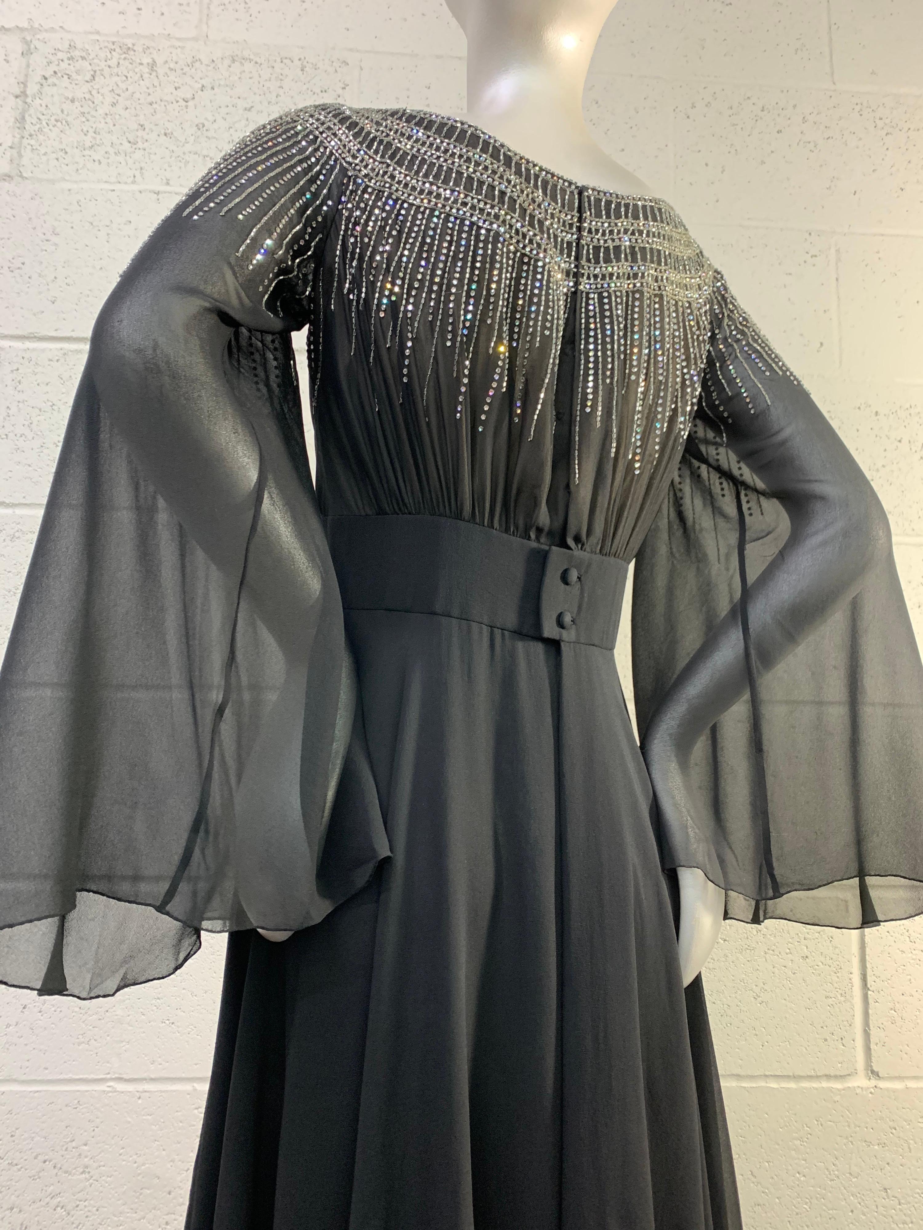 1970 Pauline Trigere Black Silk Chiffon 30s-Inspired Dress w/ Beaded Starburst For Sale 6