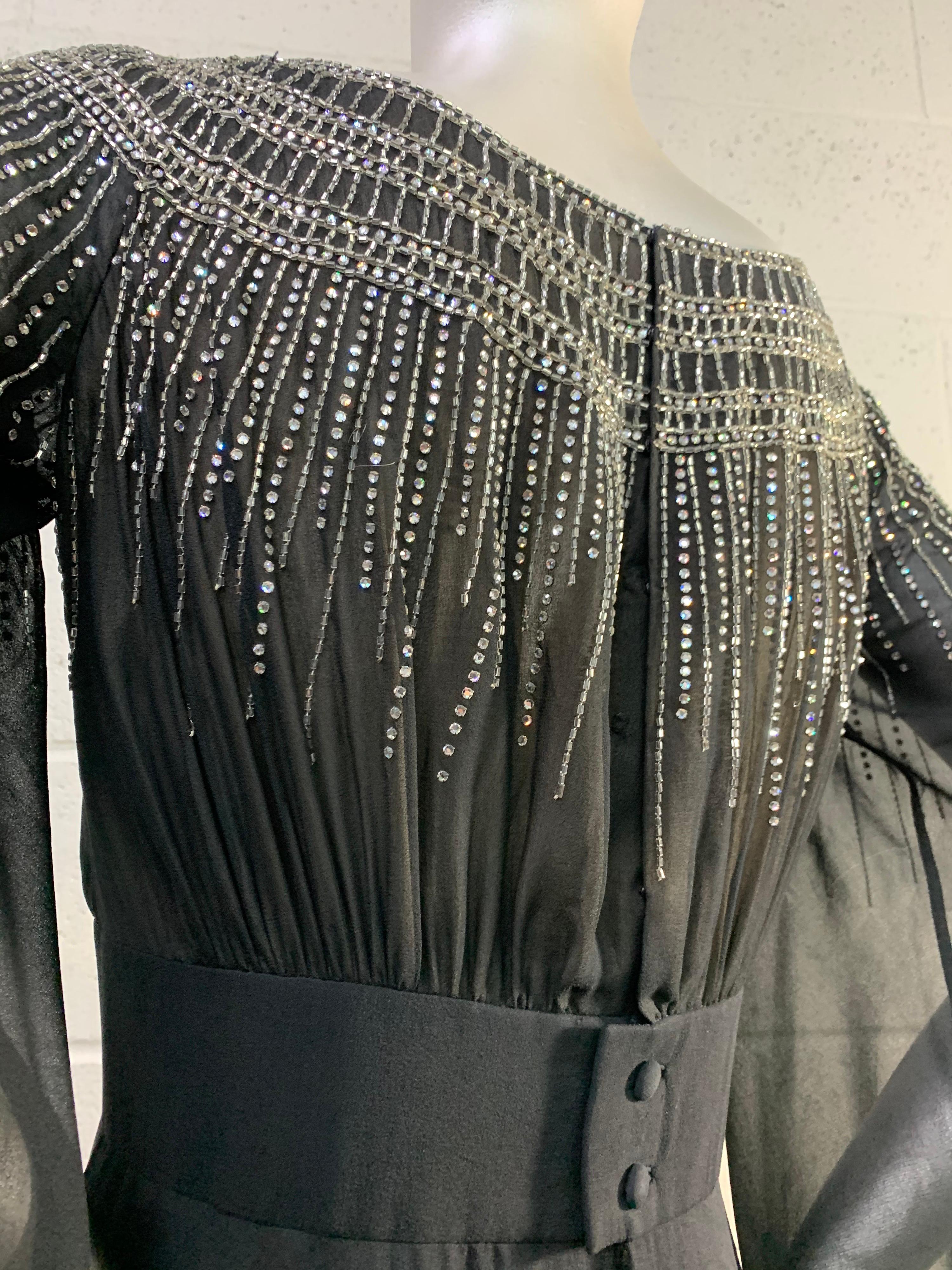 1970 Pauline Trigere Black Silk Chiffon 30s-Inspired Dress w/ Beaded Starburst For Sale 7
