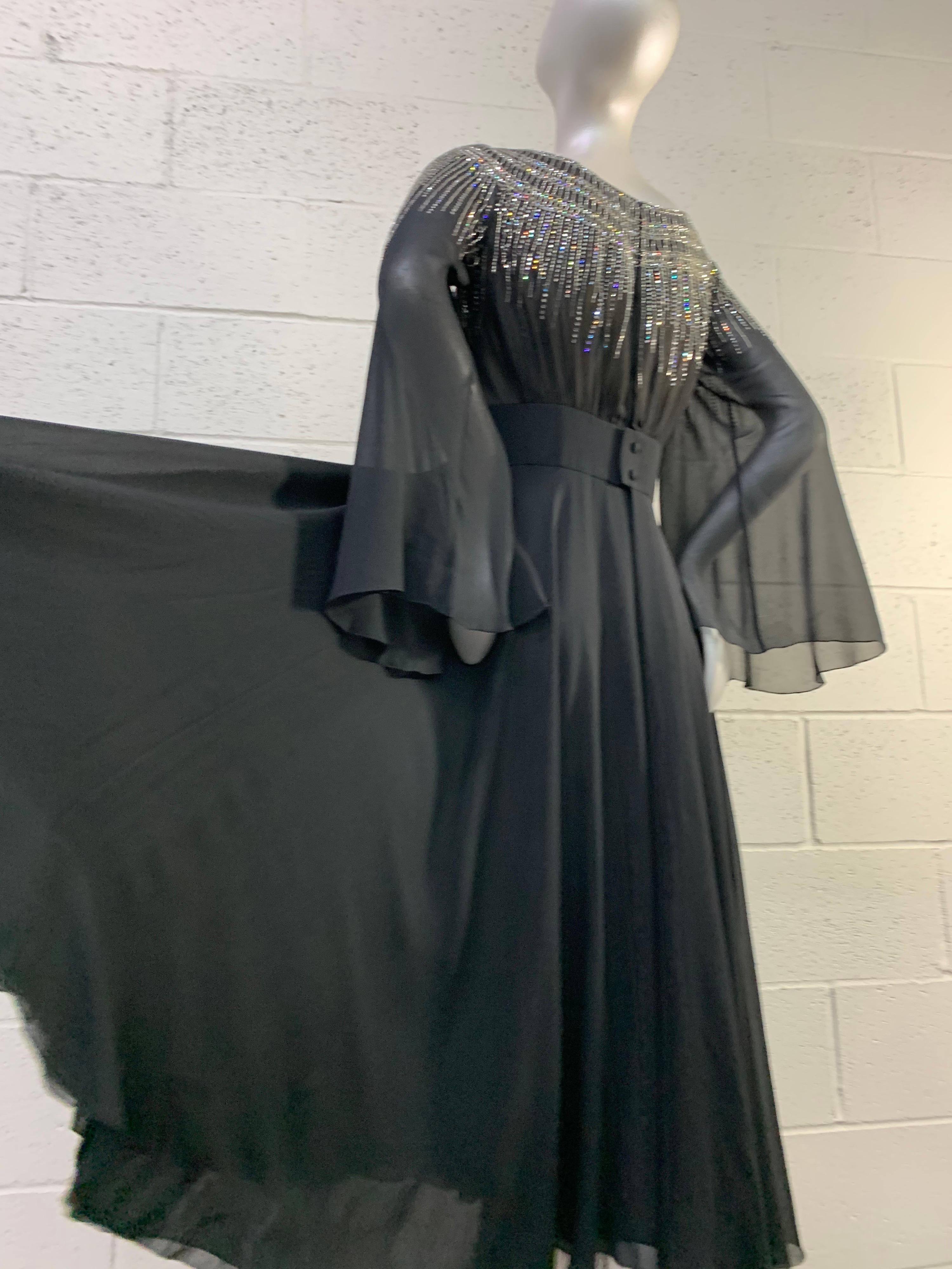 1970 Pauline Trigere Black Silk Chiffon 30s-Inspired Dress w/ Beaded Starburst For Sale 8