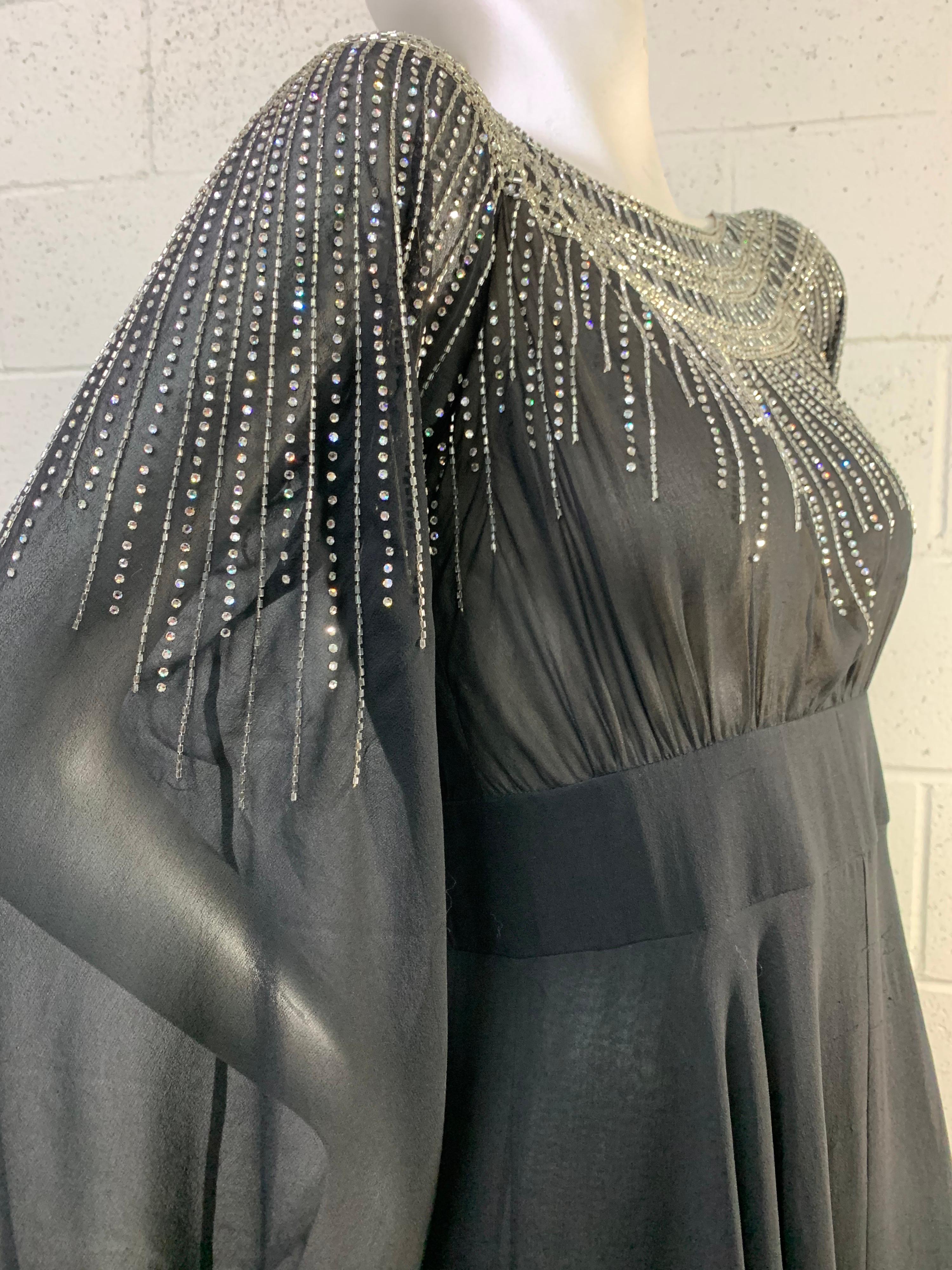 1970 Pauline Trigere Black Silk Chiffon 30s-Inspired Dress w/ Beaded Starburst For Sale 10