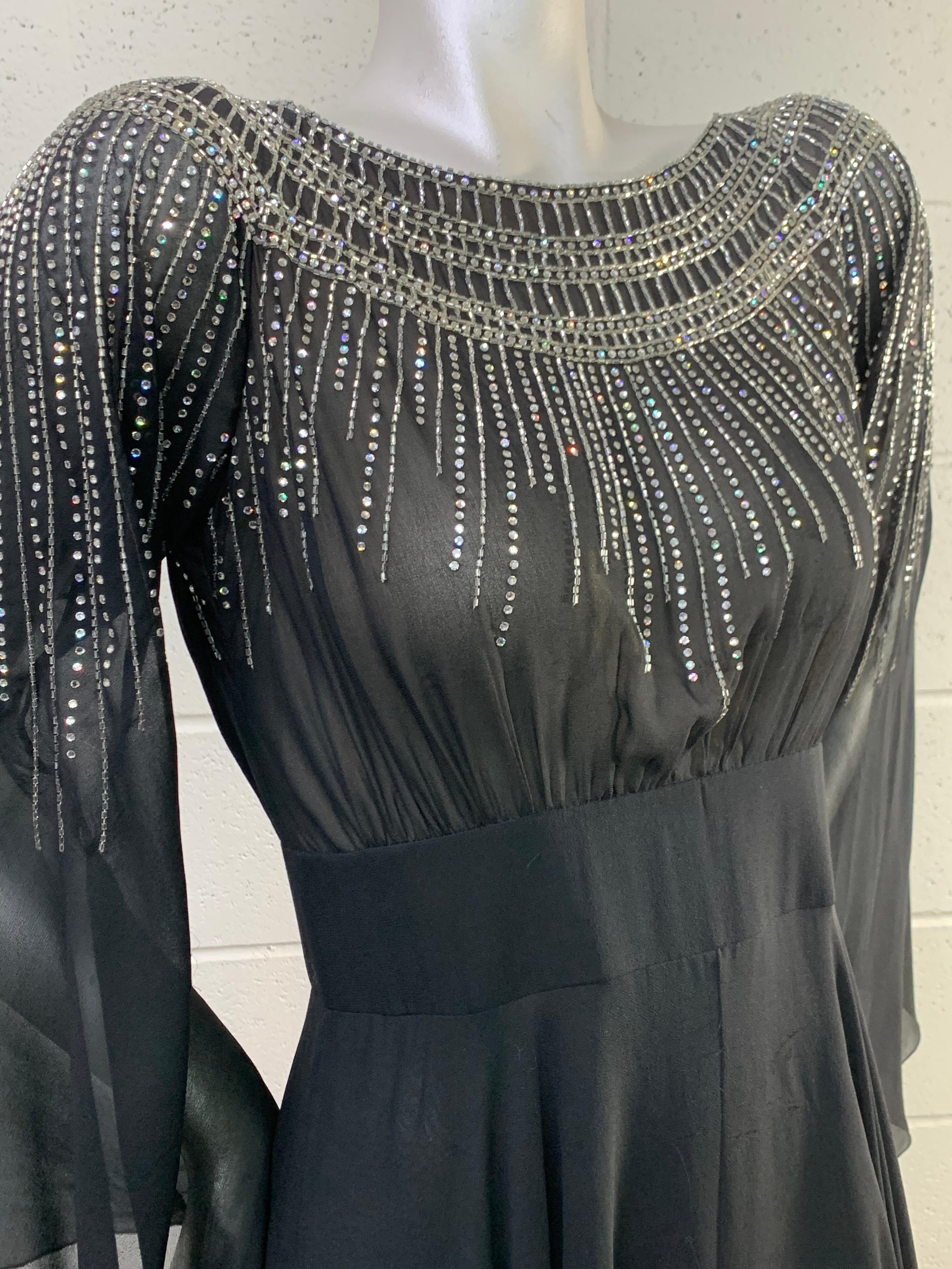 1970 Pauline Trigere Black Silk Chiffon 30s-Inspired Dress w/ Beaded Starburst For Sale 11