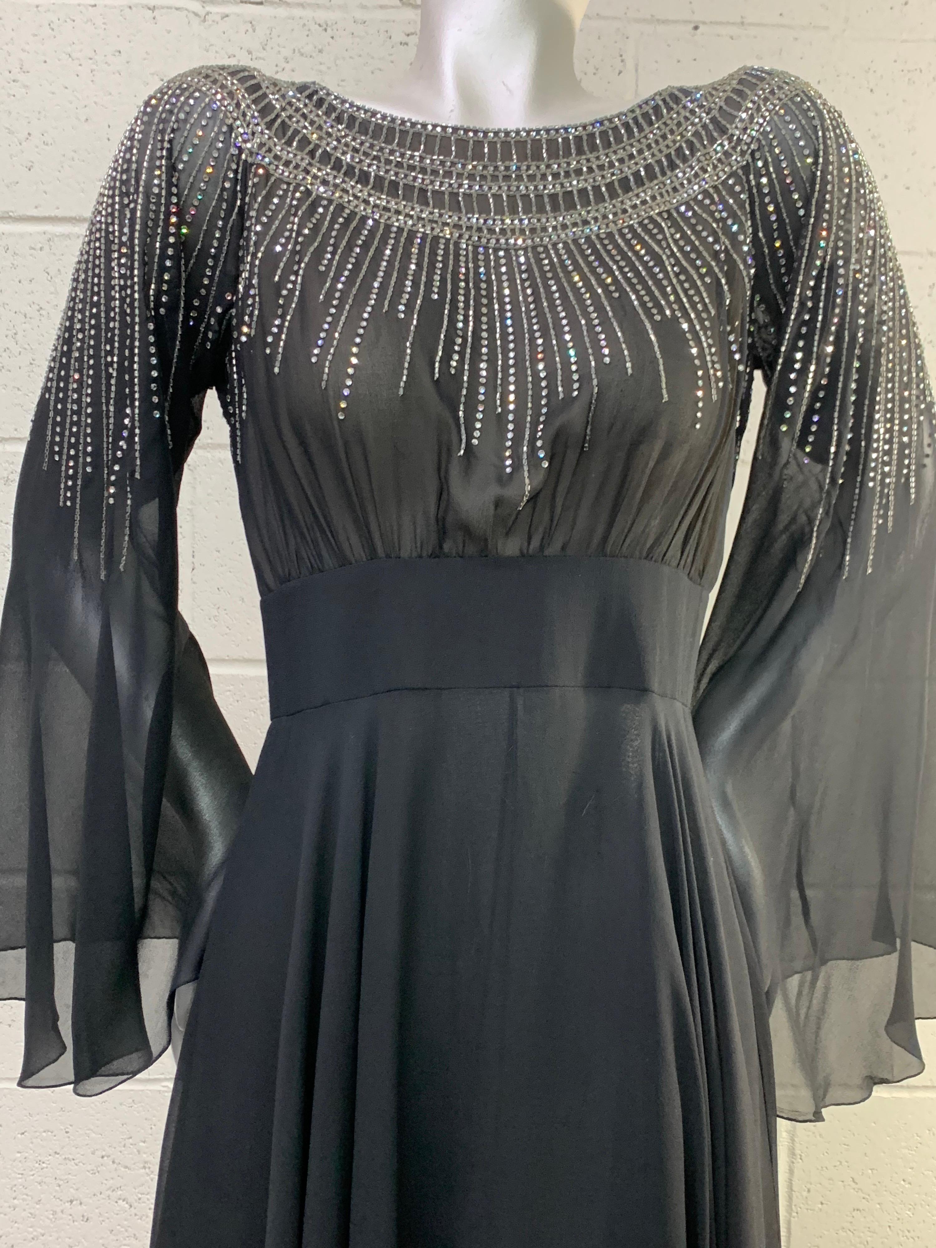 1970 Pauline Trigere Black Silk Chiffon 30s-Inspired Dress w/ Beaded Starburst For Sale 12