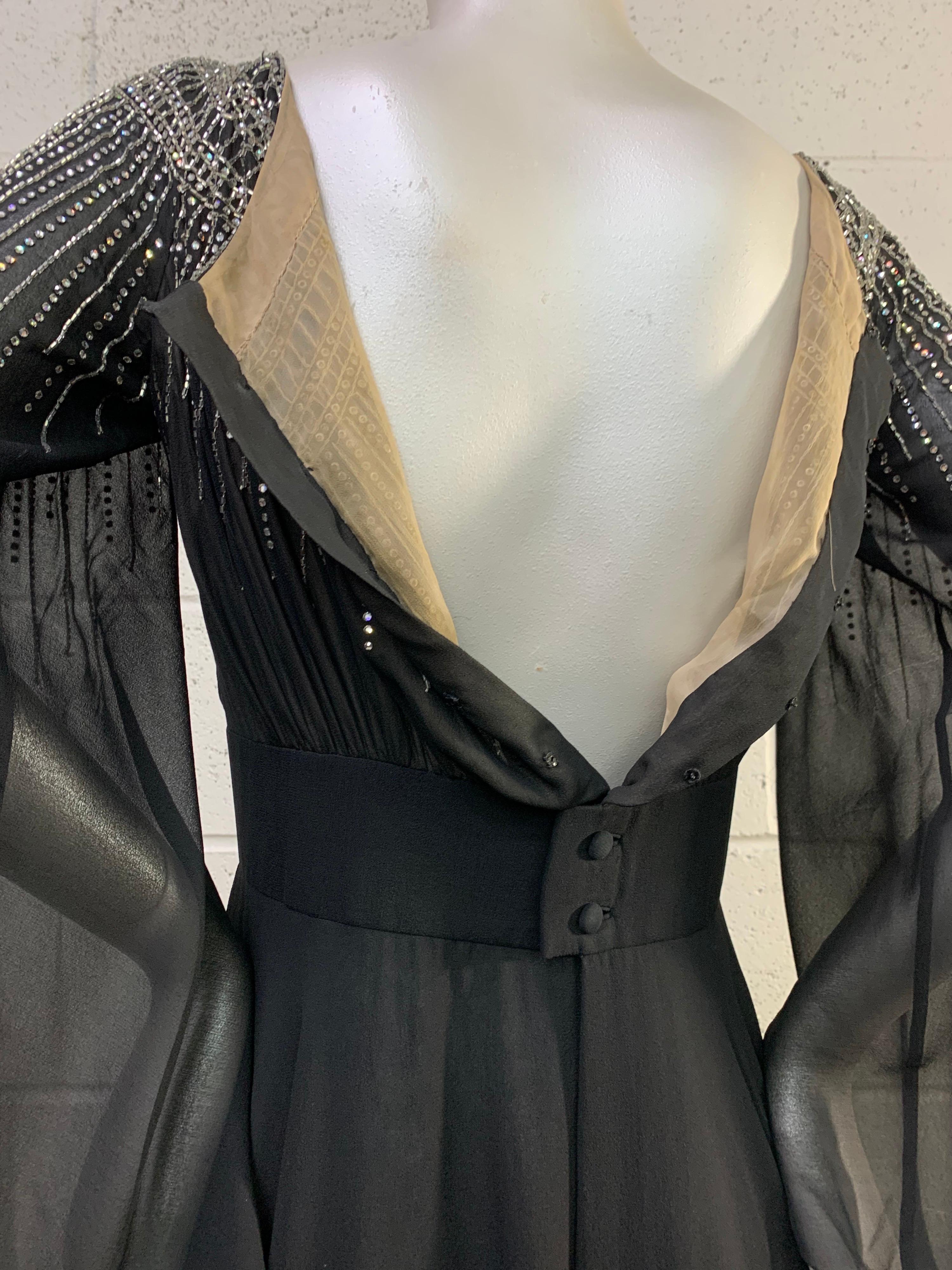 1970 Pauline Trigere Black Silk Chiffon 30s-Inspired Dress w/ Beaded Starburst For Sale 15