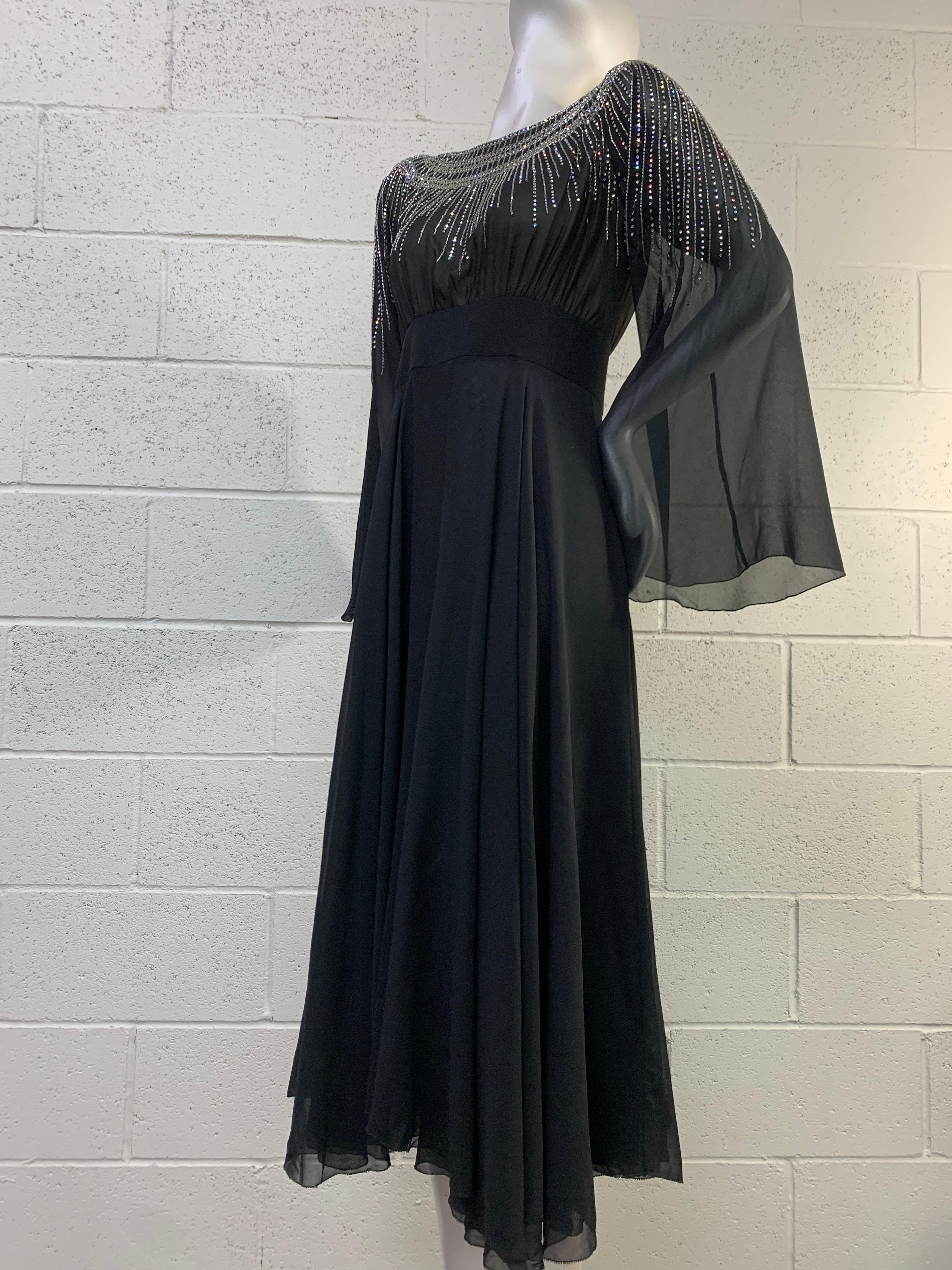 1970 Pauline Trigere Black Silk Chiffon 30s-Inspired Dress w/ Beaded Starburst In Excellent Condition For Sale In Gresham, OR